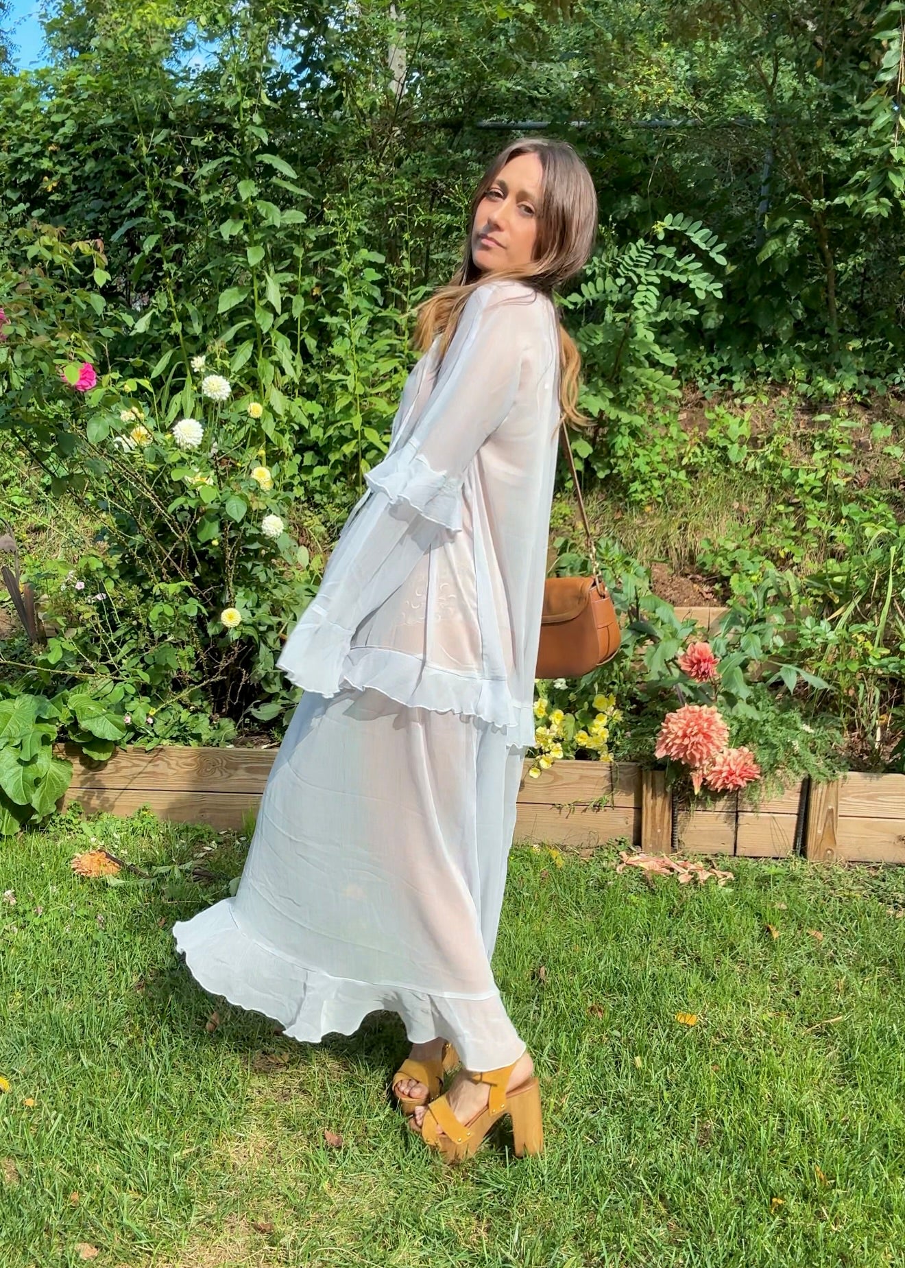 Powder Blue Romantic Boho Sheer Ruffle Maxi Dress