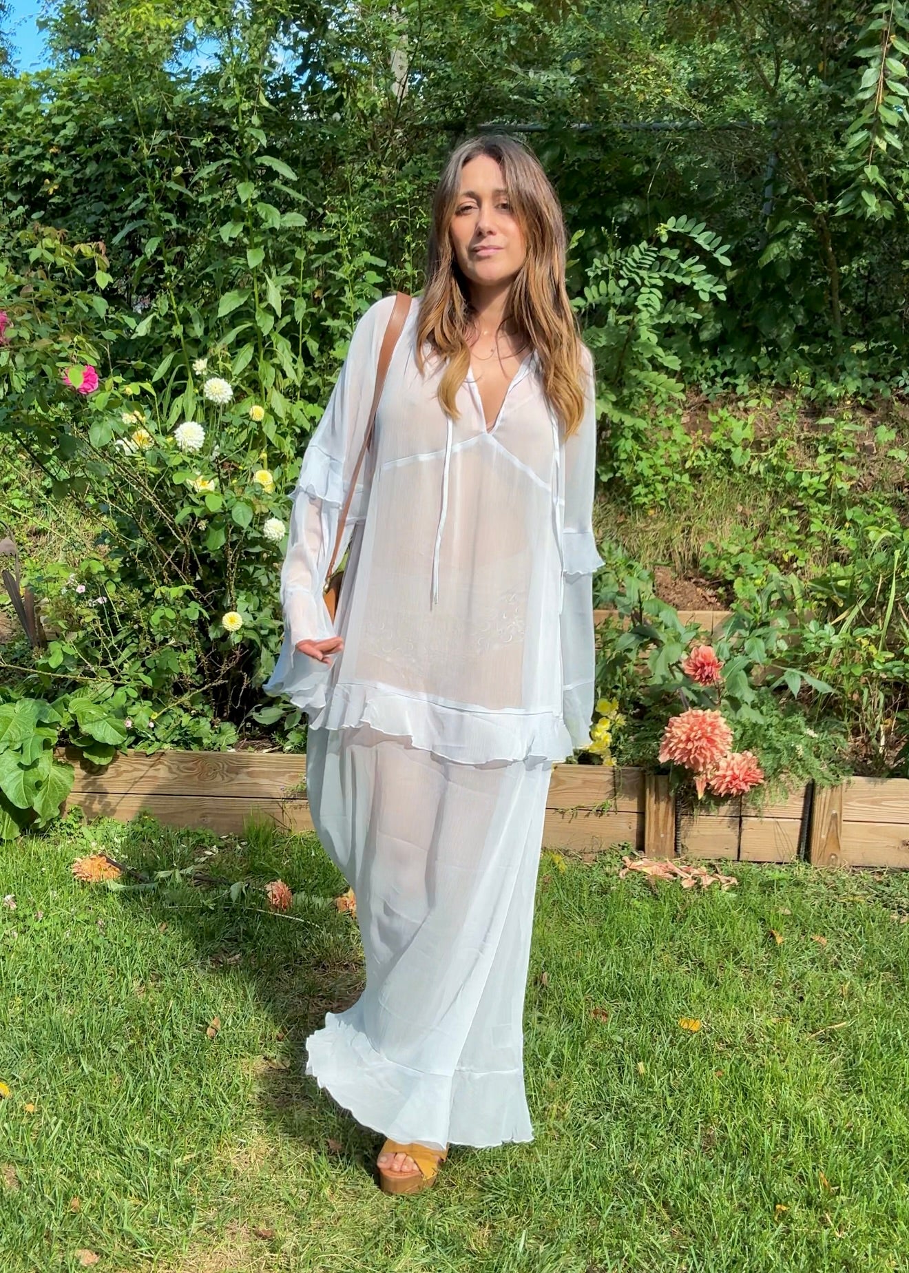 Powder Blue Romantic Boho Sheer Ruffle Maxi Dress