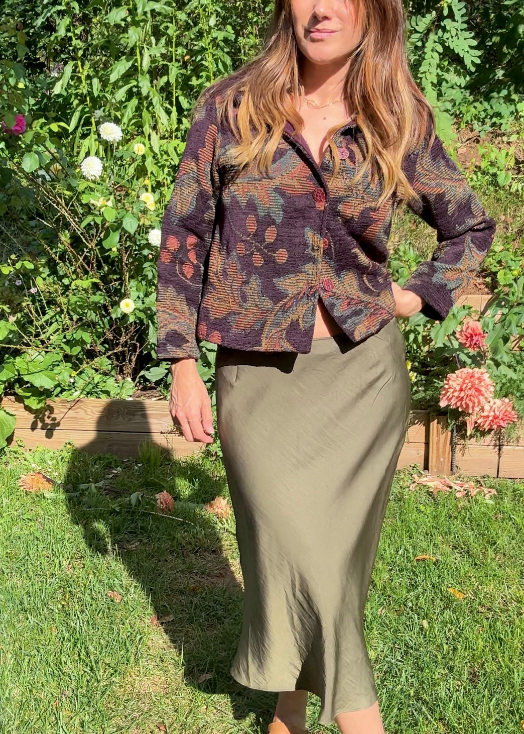 Tapestry Blanket Jacket — Plum + Olive Weave