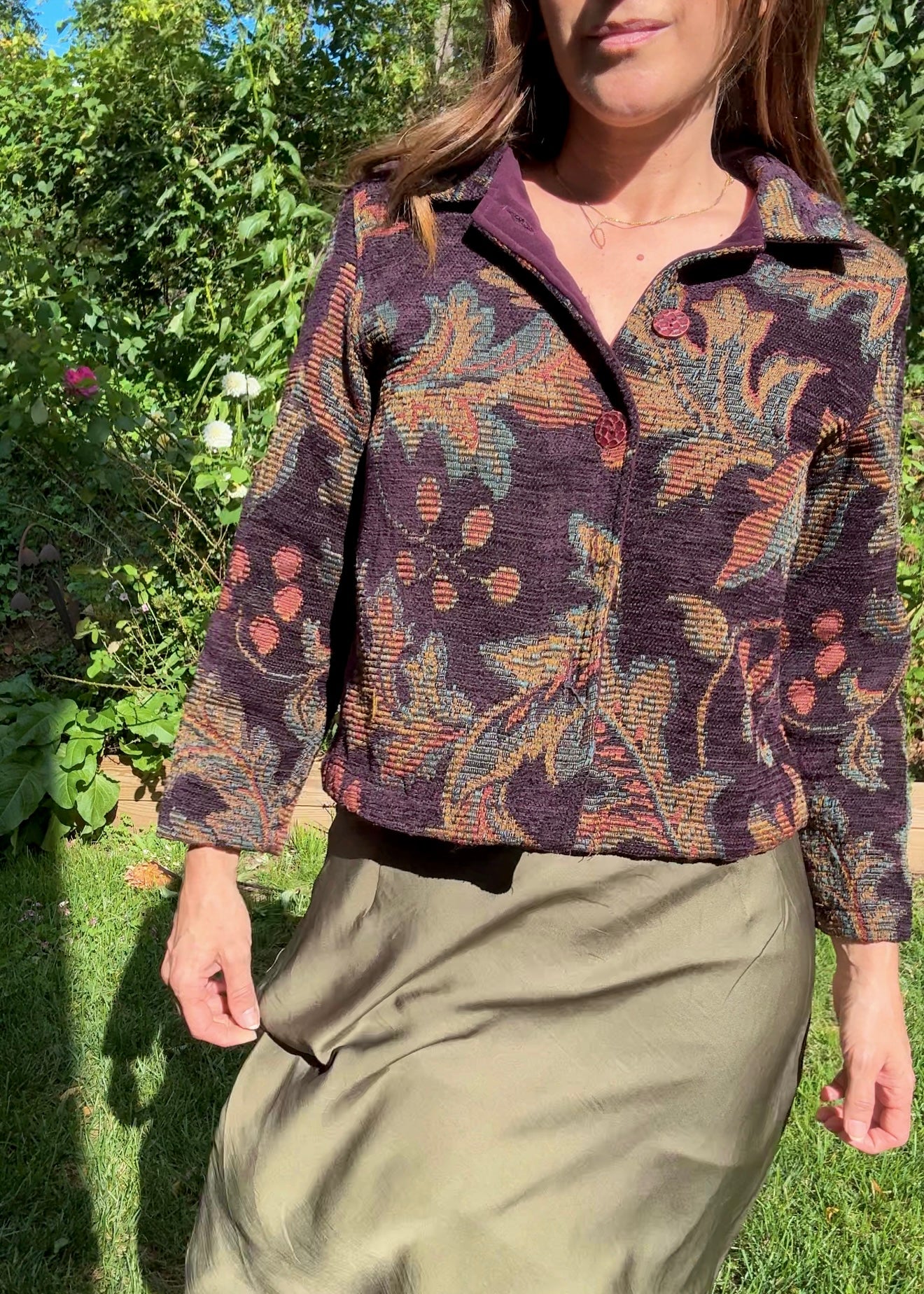 Tapestry Blanket Jacket — Plum + Olive Weave