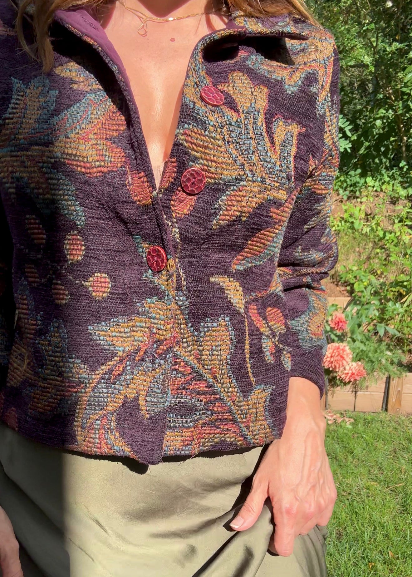 Tapestry Blanket Jacket — Plum + Olive Weave