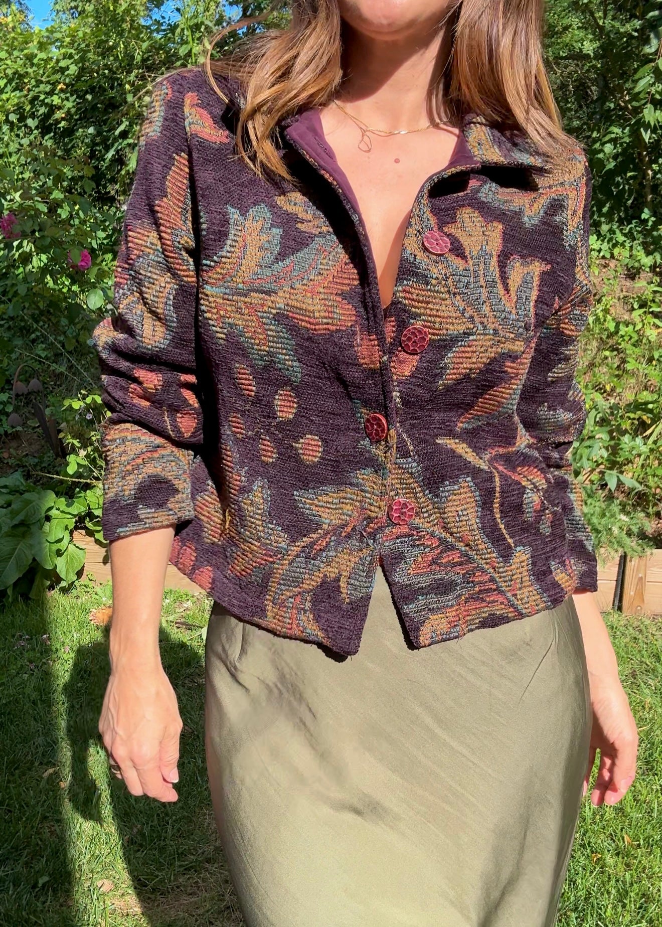 Tapestry Blanket Jacket — Plum + Olive Weave