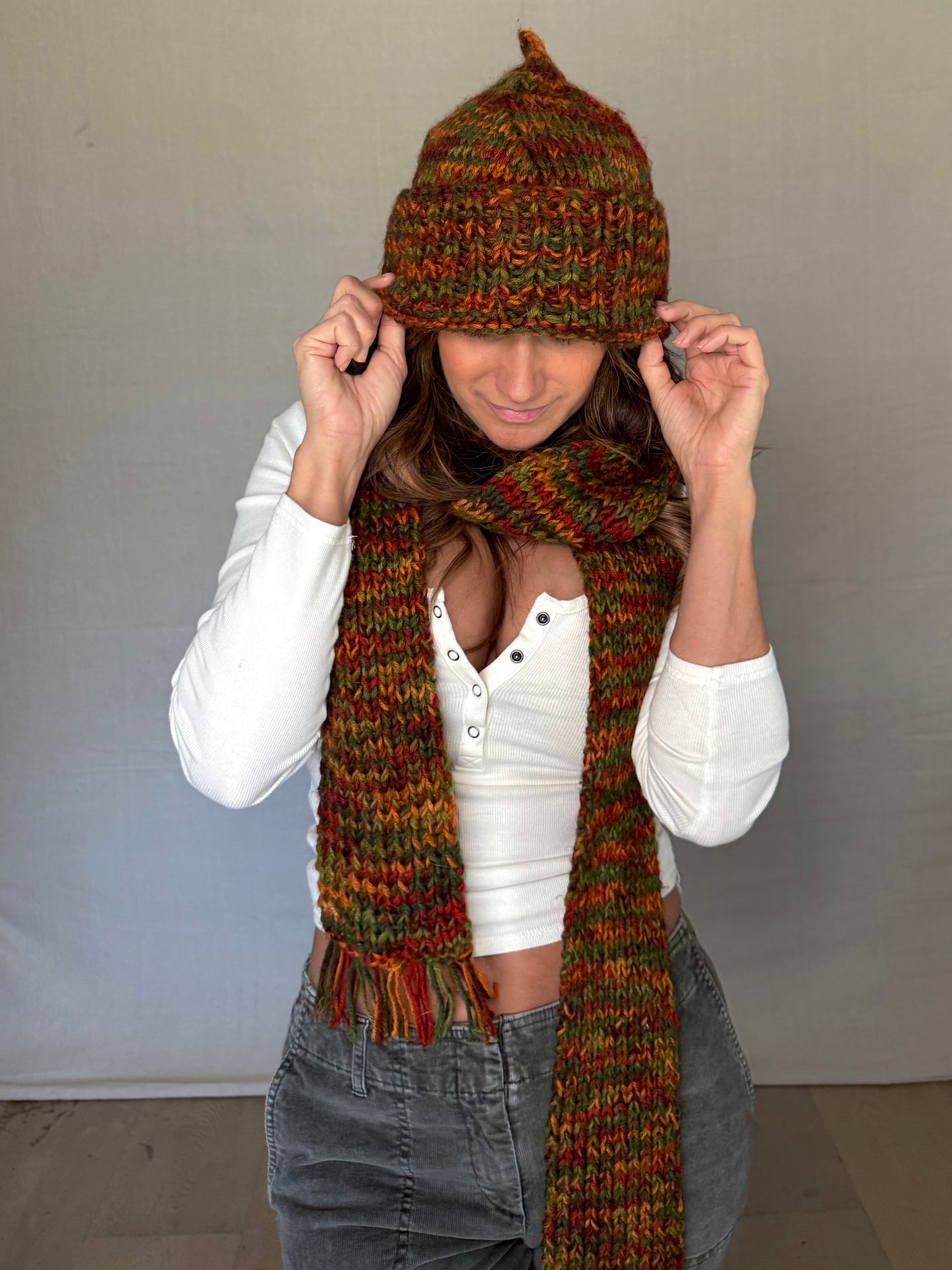 Vintage Handmade Knit Hat + Scarf Set – Autumn Multi