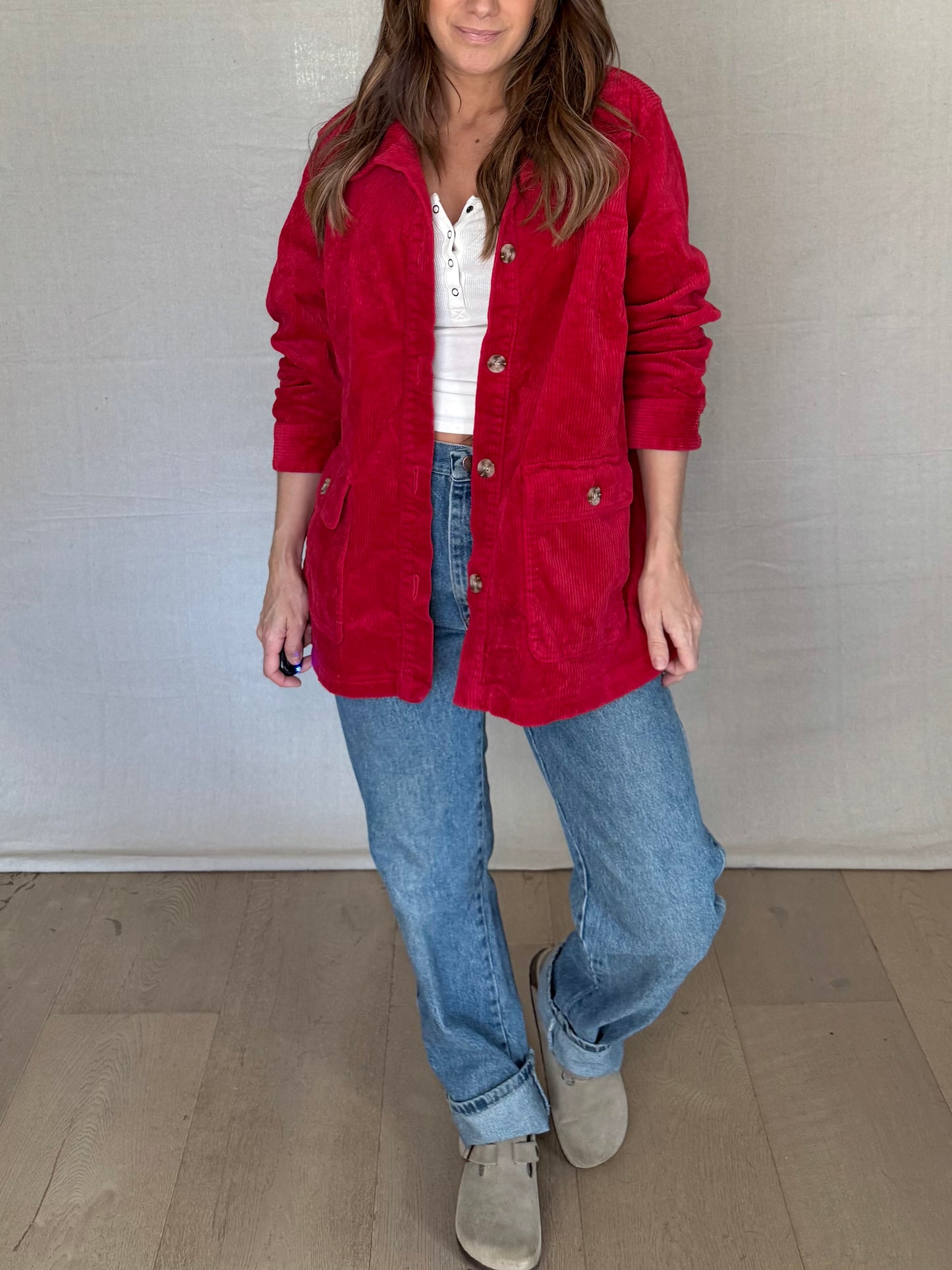 Red Cotton Corduroy Utility Jacket