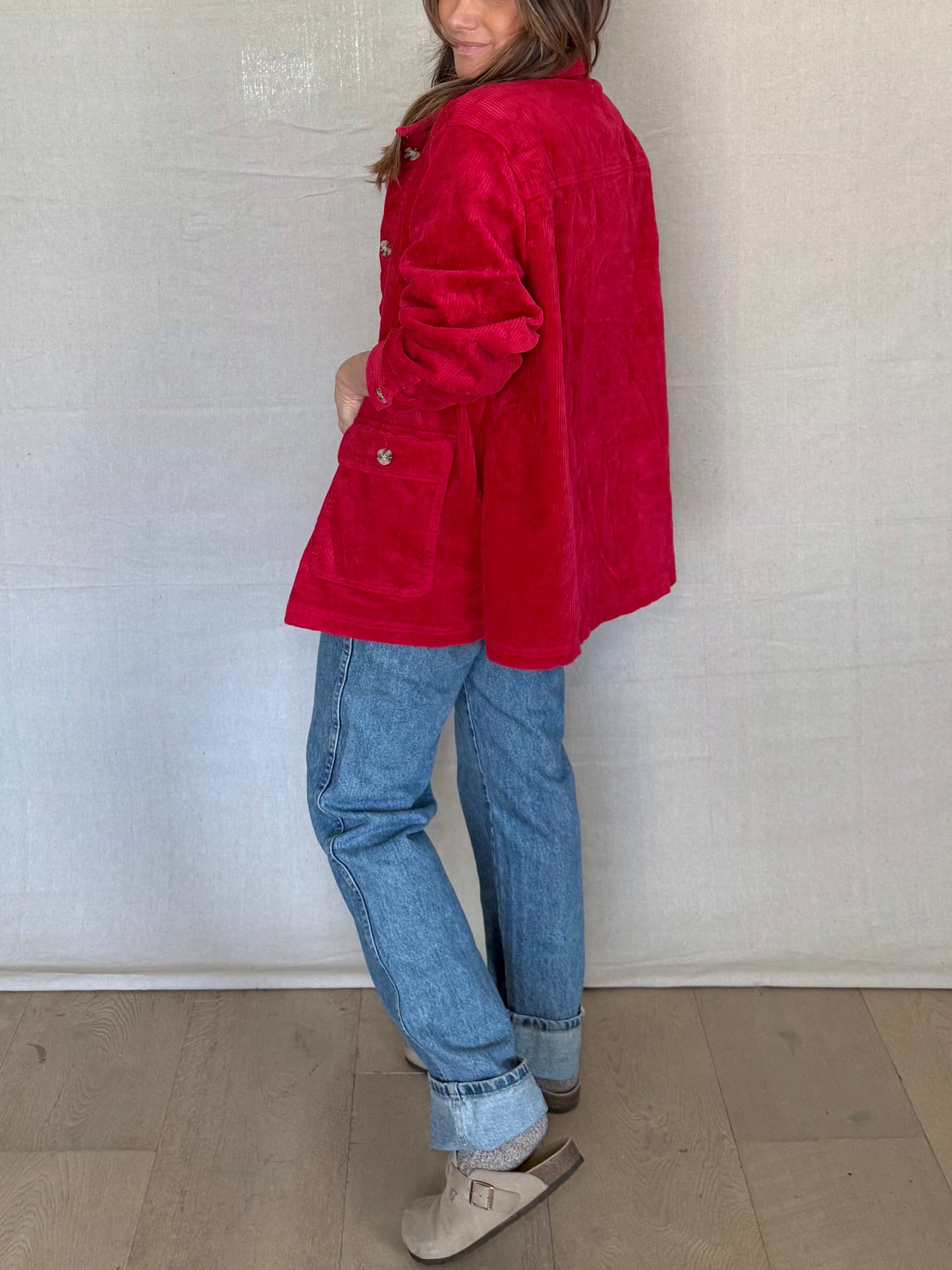 Red Cotton Corduroy Utility Jacket