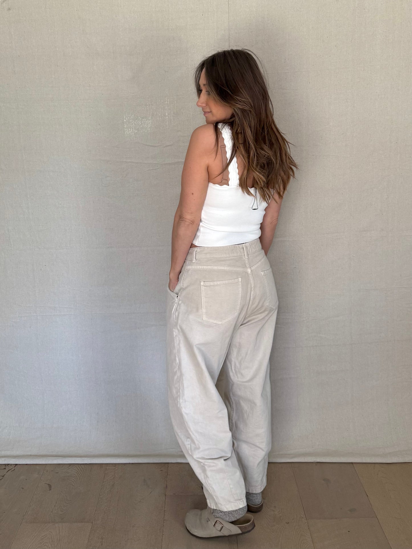Zara Light Beige Cotton Barrel Trousers