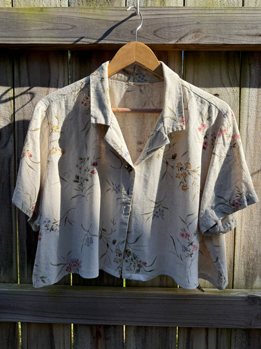 Cropped Linen Floral Camp Shirt | Cottagecore Linen Blouse | Coastal Grandmother | Botanical Print