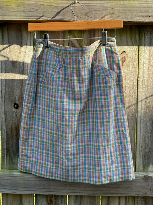 Vintage Pastel Plaid Linen Blend A-Line Skirt