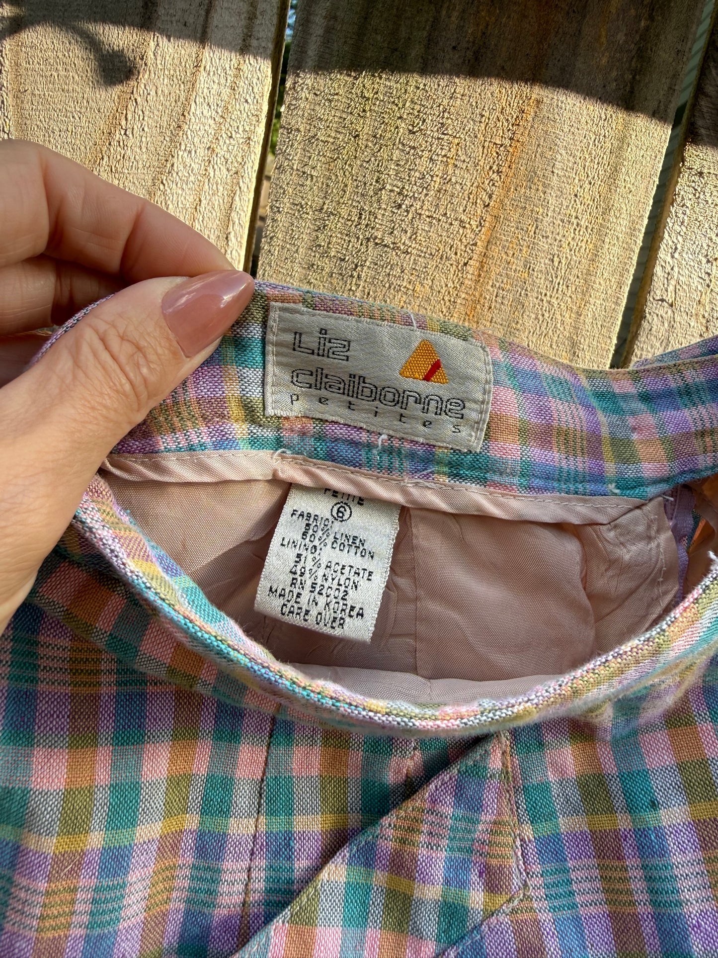 Vintage Pastel Plaid Linen Blend A-Line Skirt
