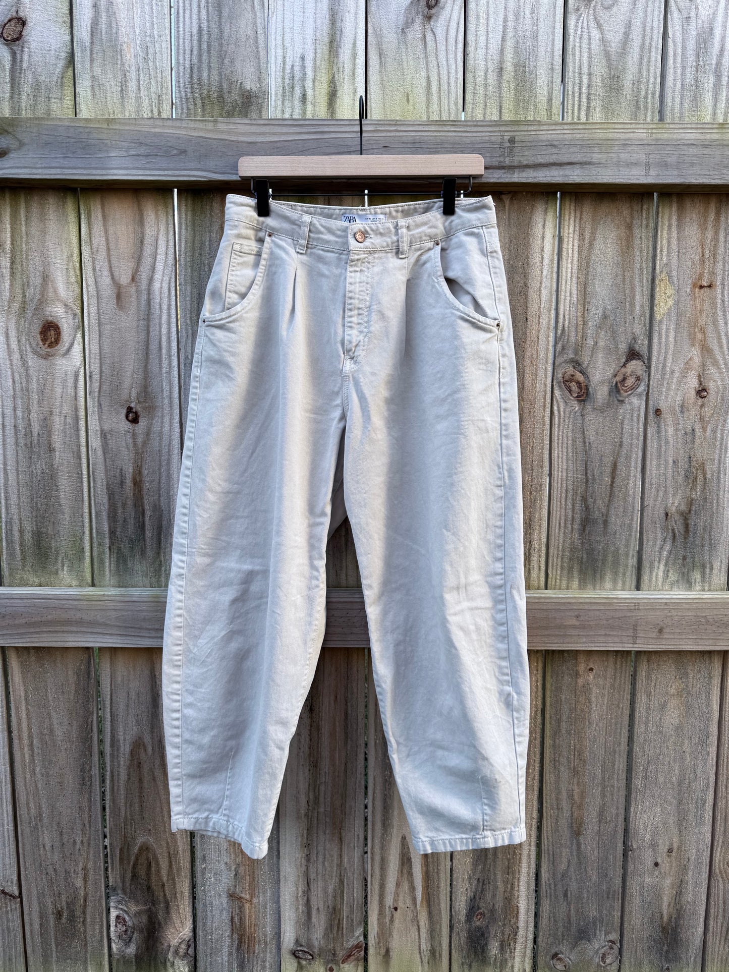 Zara Light Beige Cotton Barrel Trousers