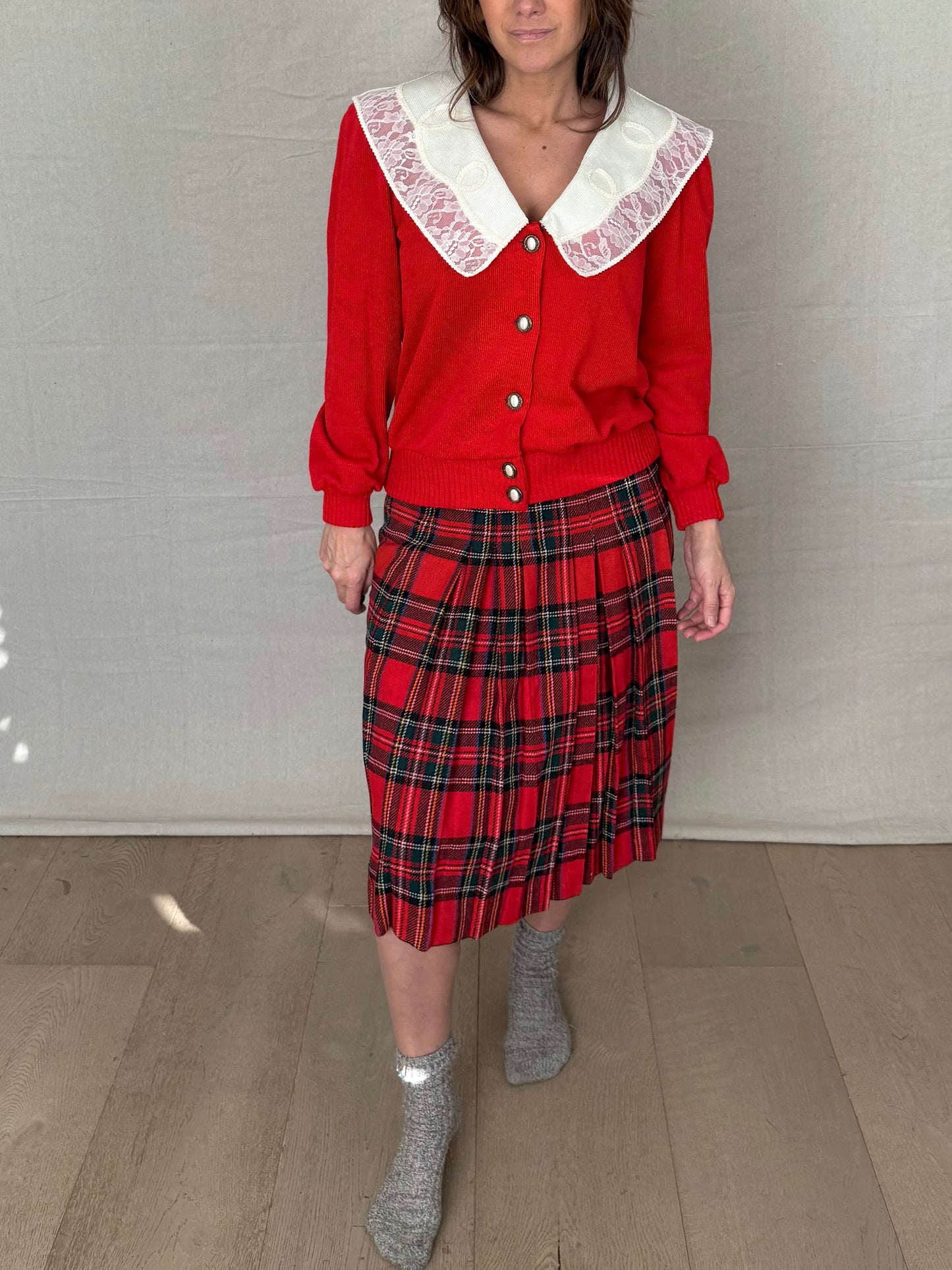 Reworked Vintage Red Cardigan with Lace Collar - Grandmillenial - Holiday