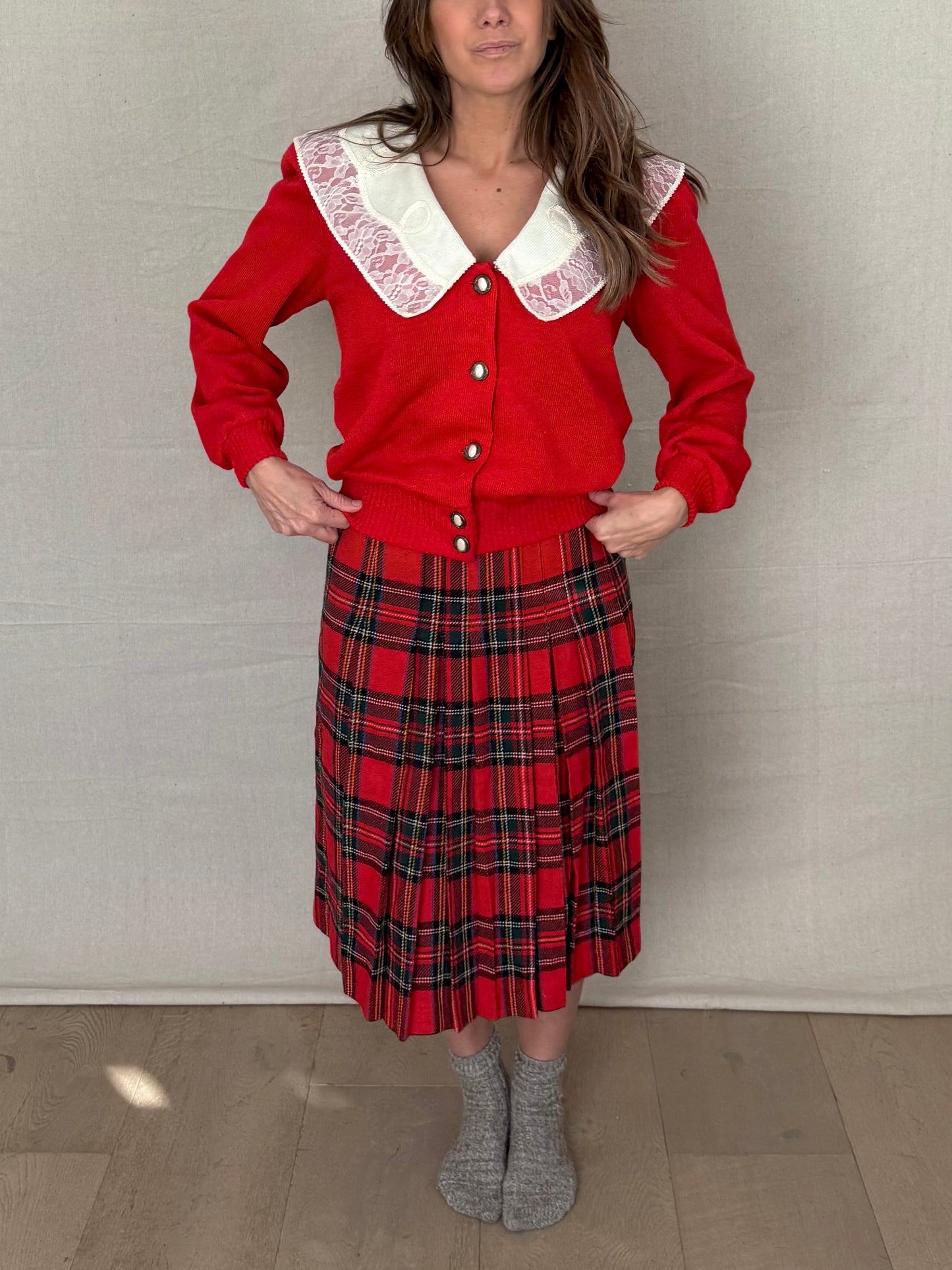 Reworked Vintage Red Cardigan with Lace Collar - Grandmillenial - Holiday