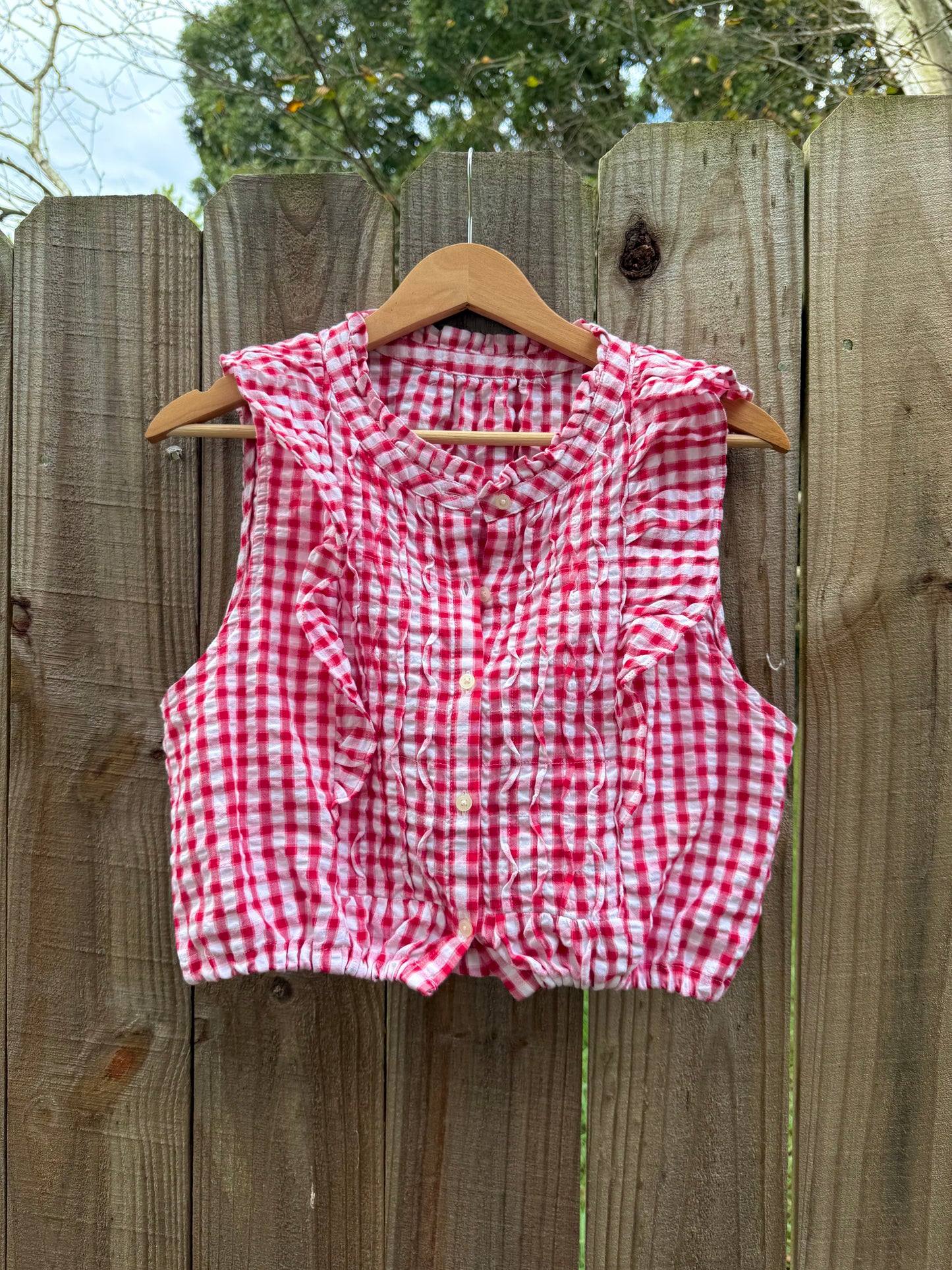 Red Gingham Flutter Top — Reworked Vintage Cropped Top
