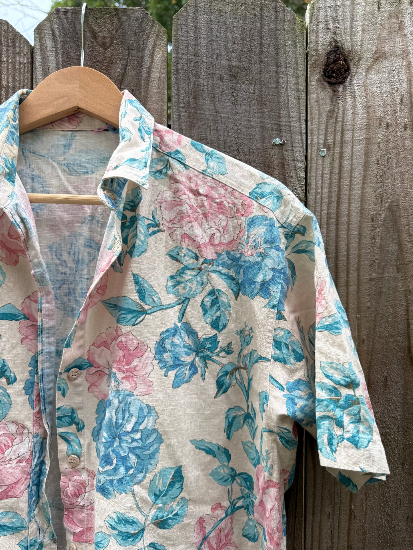 Vintage Pastel Floral Button Down Shirt – Linen Blend Feel - 90's