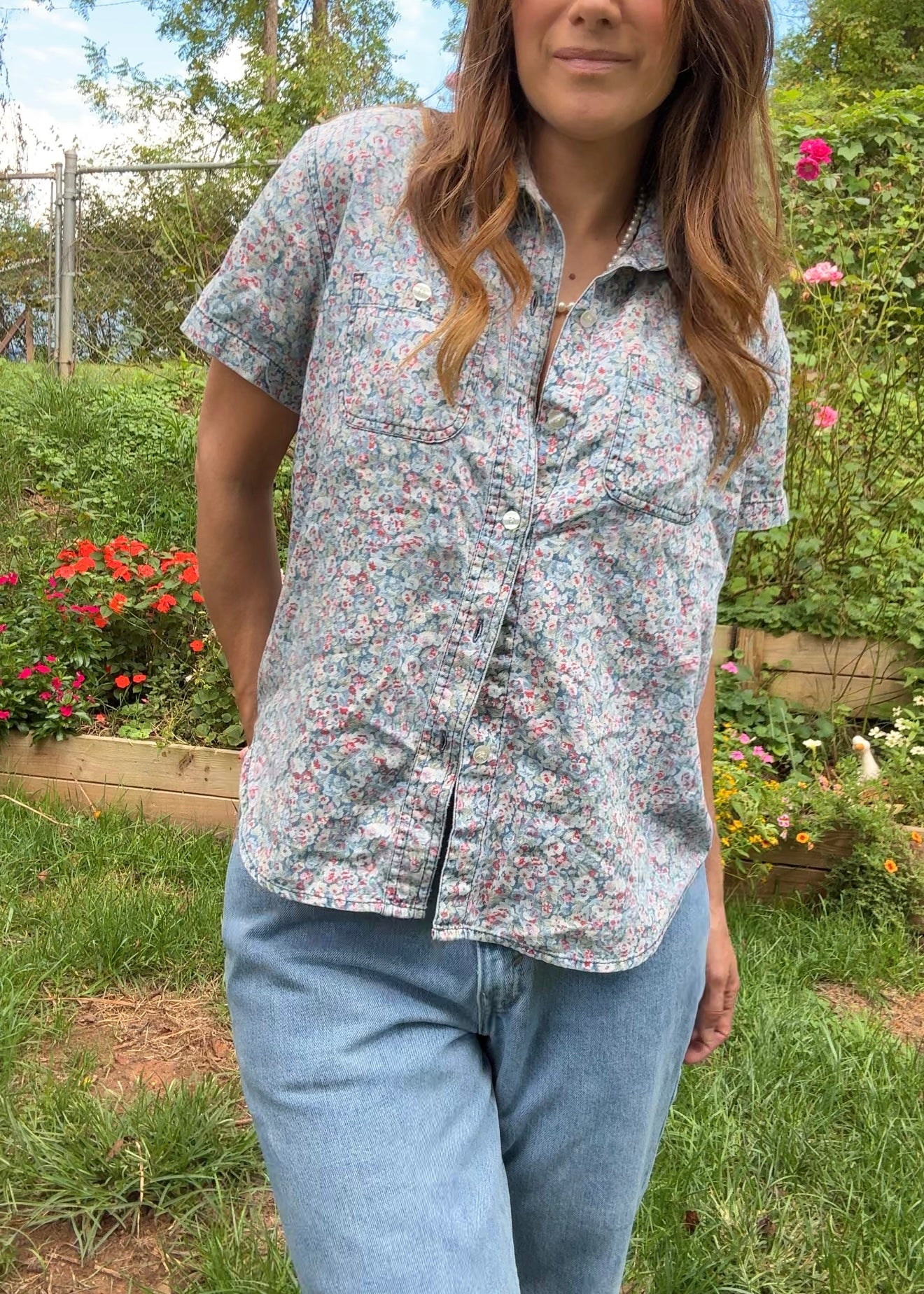 Vintage Liz Claiborne Blue Floral Button-Down Shirt, 90s Petite Fit