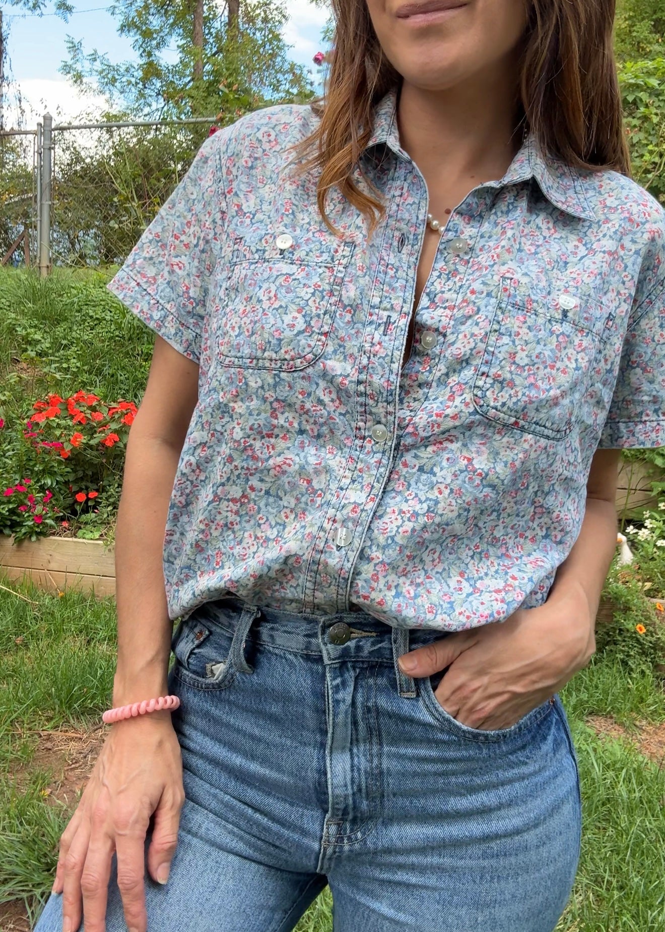 Vintage Liz Claiborne Blue Floral Button-Down Shirt, 90s Petite Fit