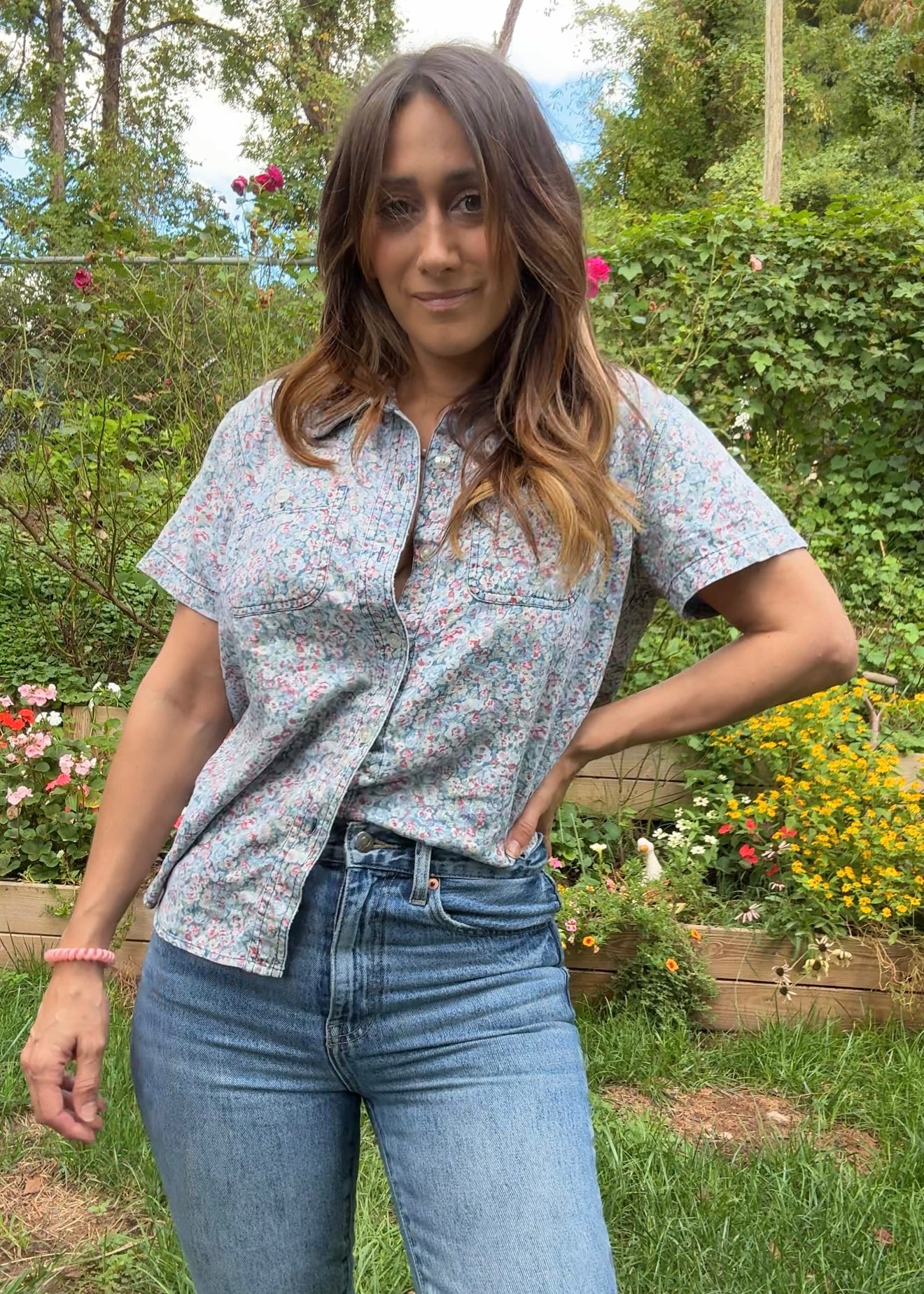 Vintage Liz Claiborne Blue Floral Button-Down Shirt, 90s Petite Fit