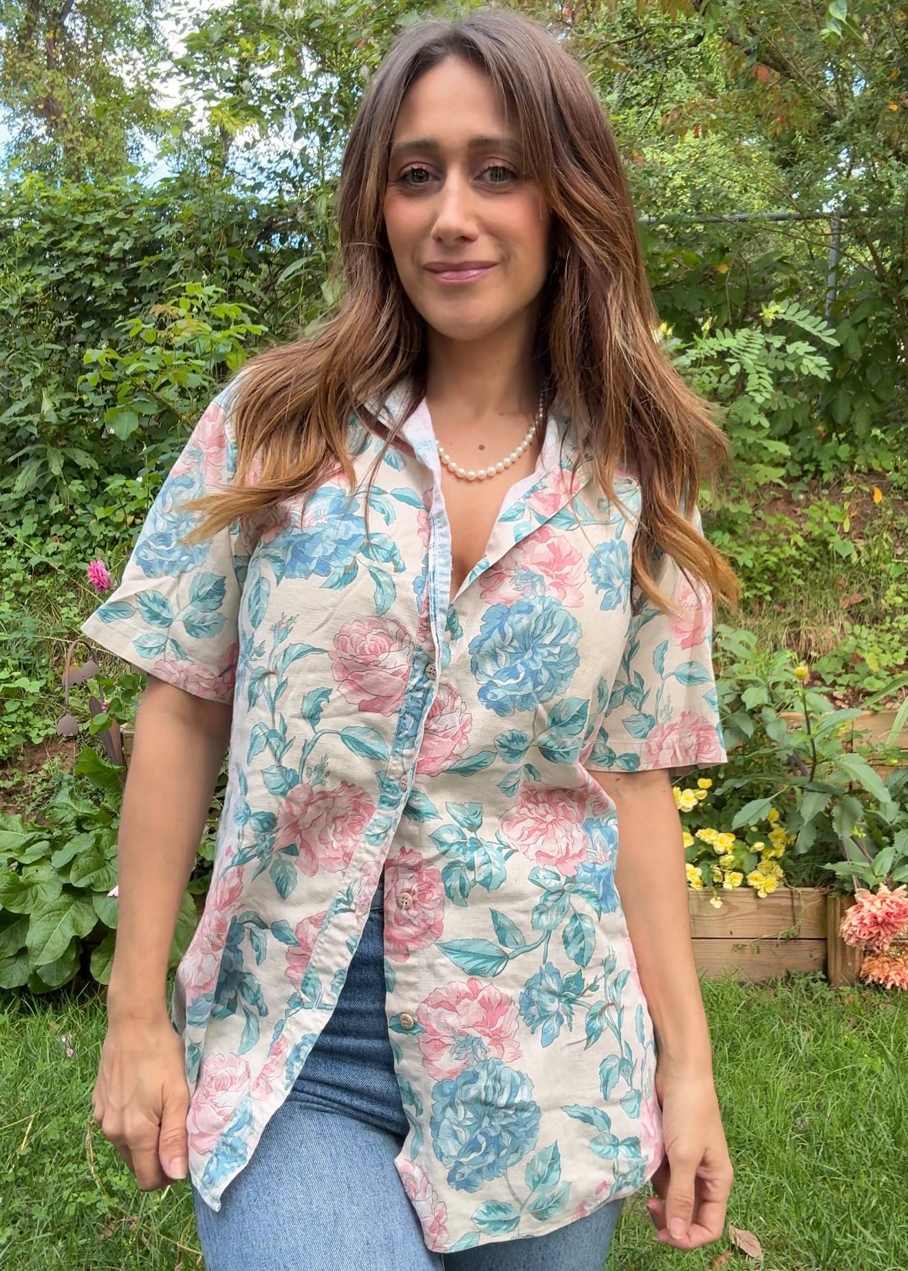 Vintage Pastel Floral Button Down Shirt – Linen Blend Feel - 90's
