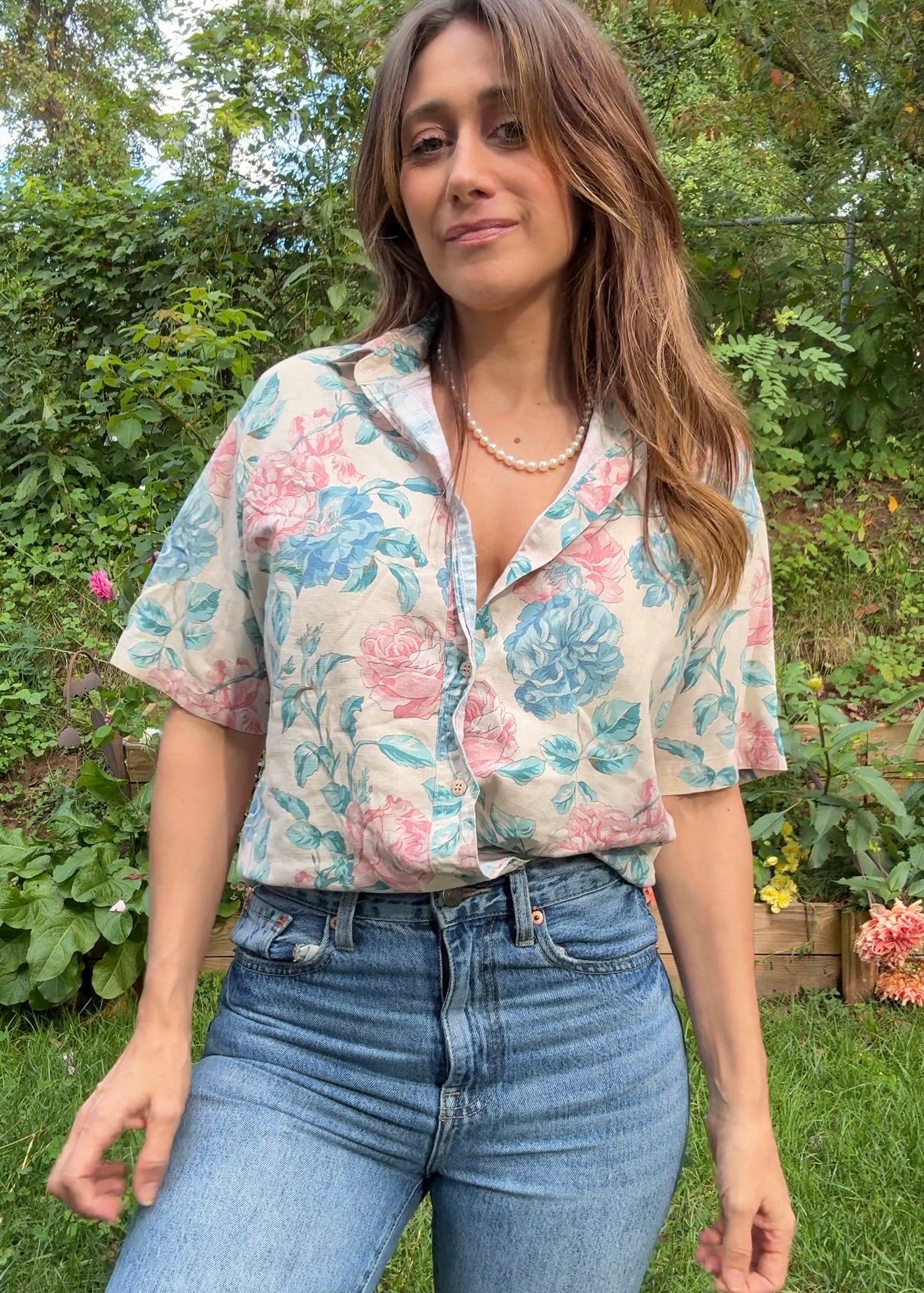 Vintage Pastel Floral Button Down Shirt – Linen Blend Feel - 90's