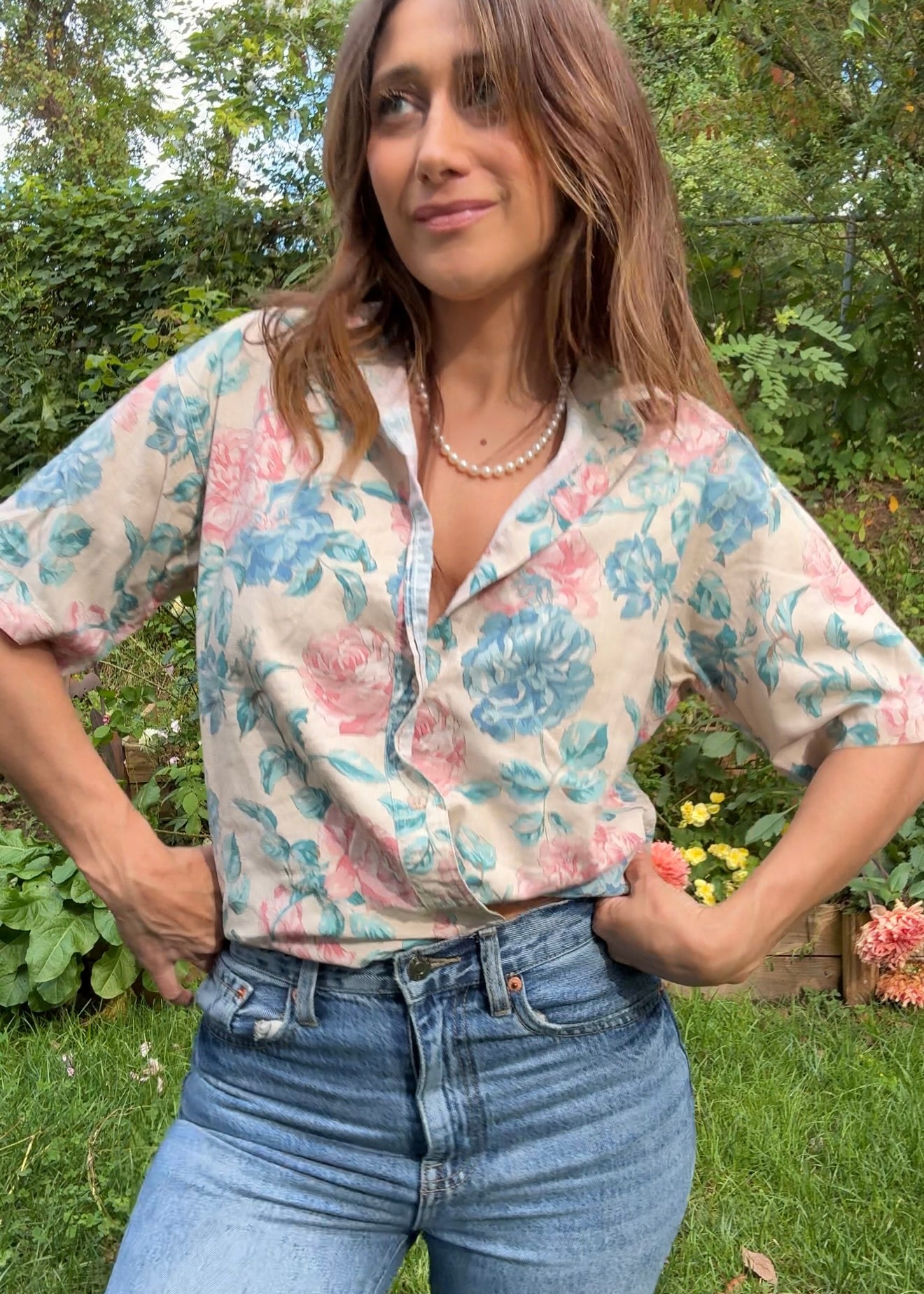 Vintage Pastel Floral Button Down Shirt – Linen Blend Feel - 90's