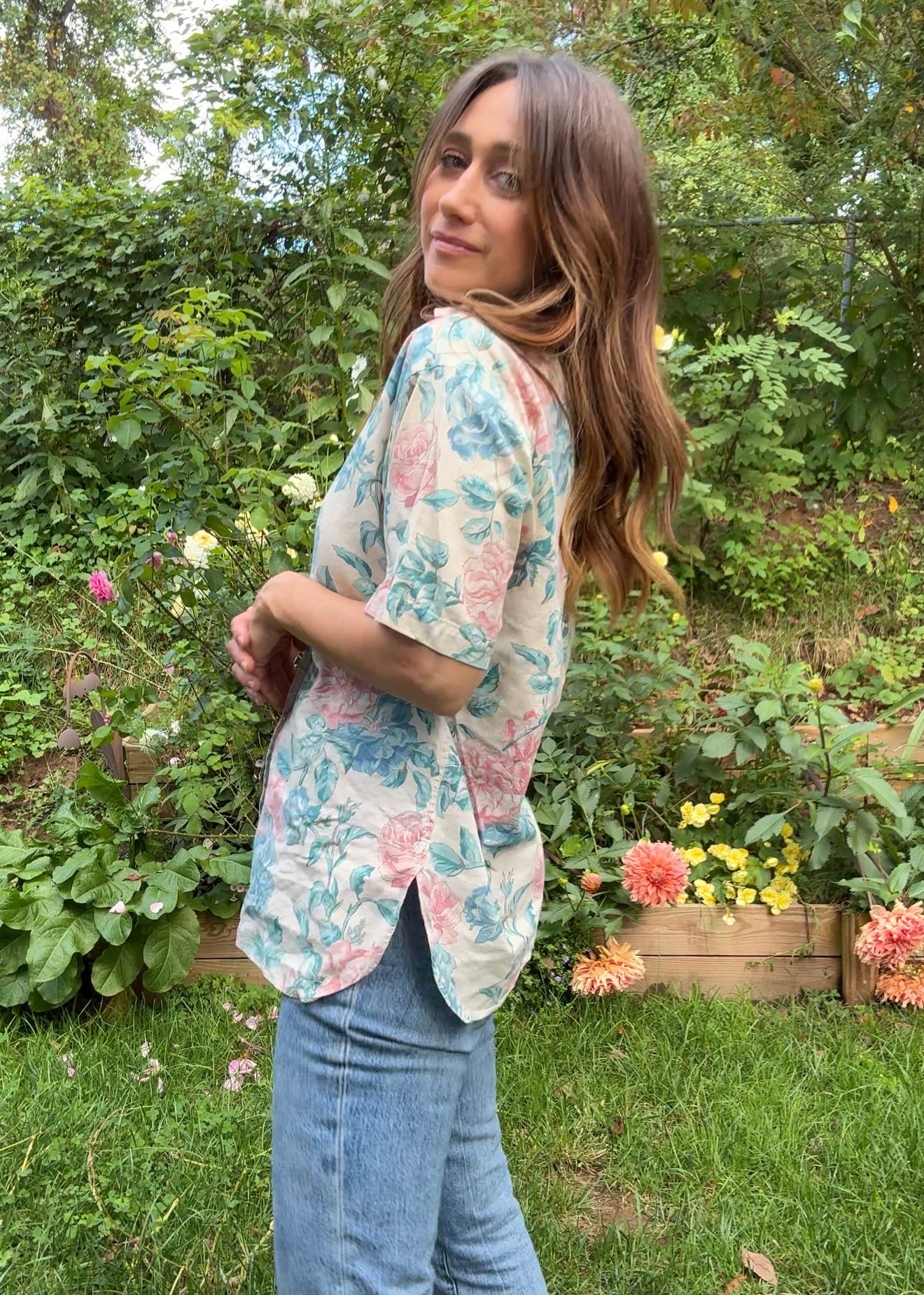 Vintage Pastel Floral Button Down Shirt – Linen Blend Feel - 90's