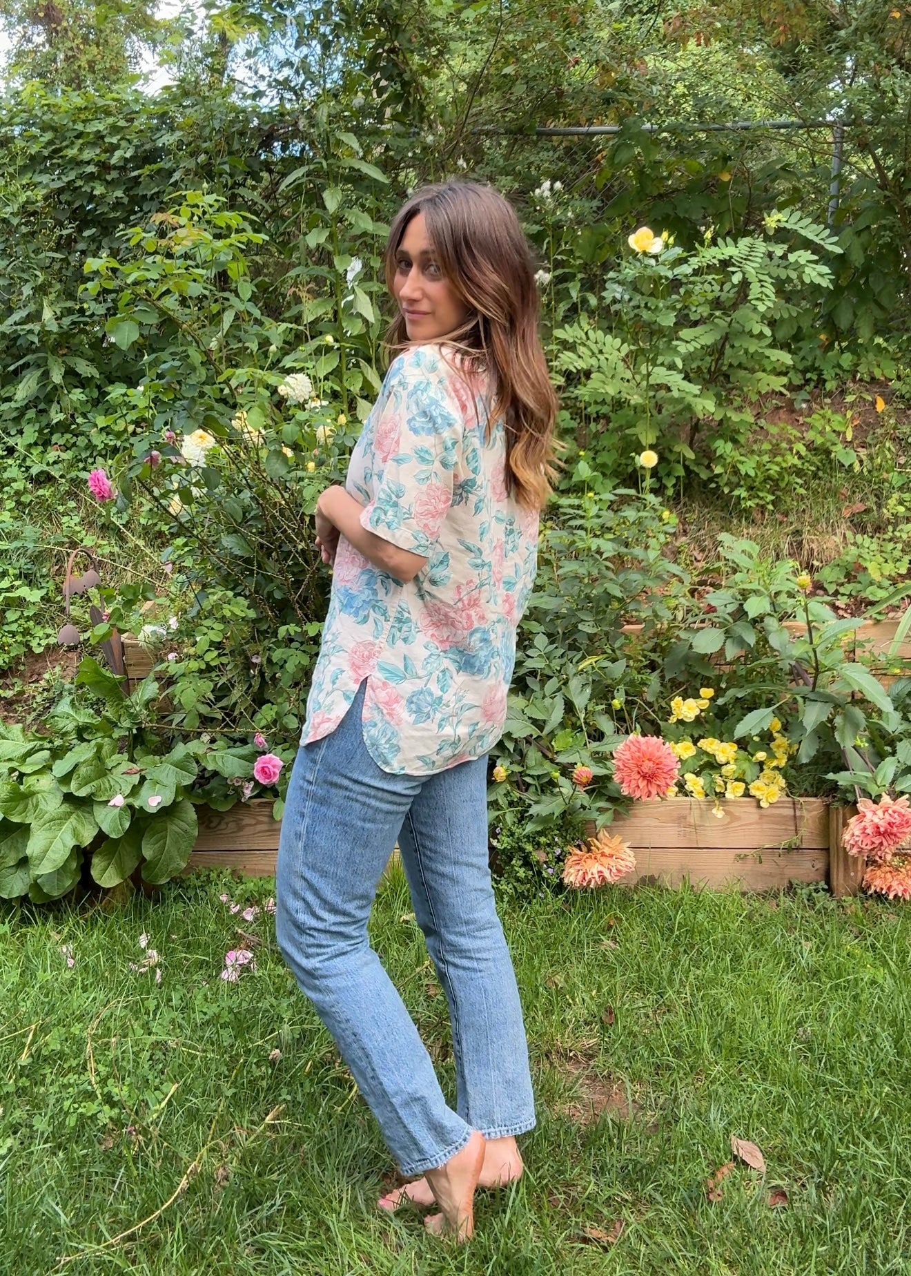 Vintage Pastel Floral Button Down Shirt – Linen Blend Feel - 90's