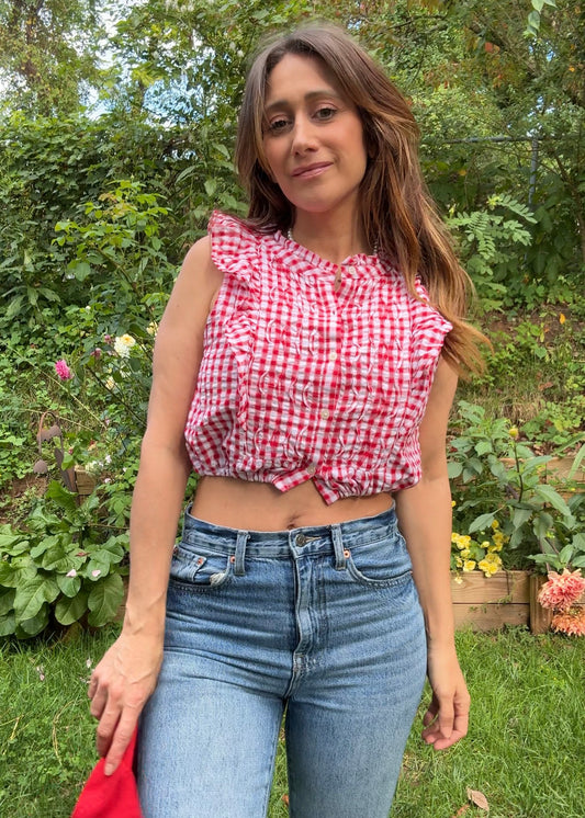 Red Gingham Flutter Top — Reworked Vintage Cropped Top