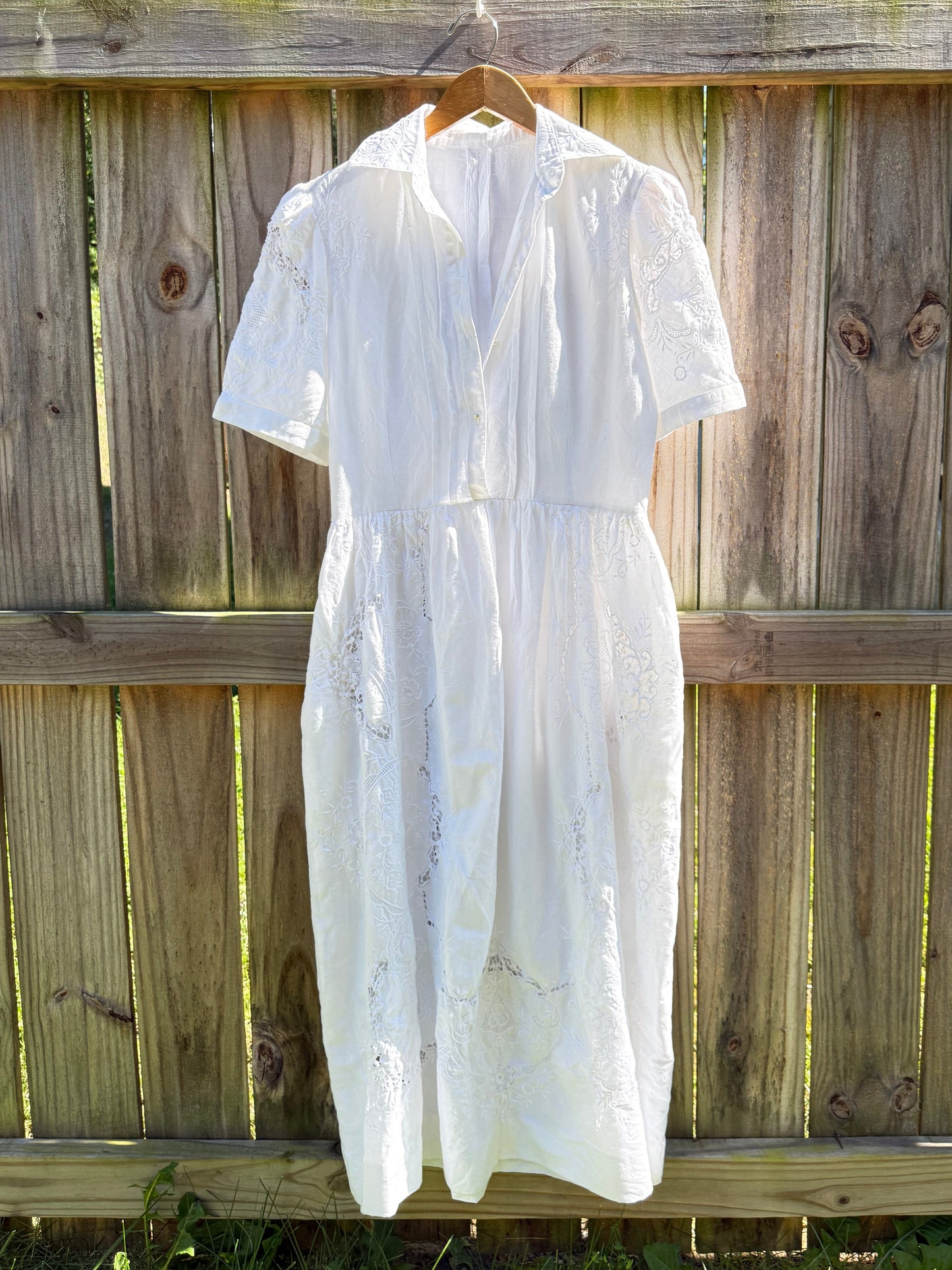 Reworked Vintage White Linen Embroidered Midi Dress