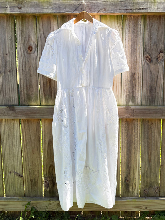 Reworked Vintage White Linen Embroidered Midi Dress