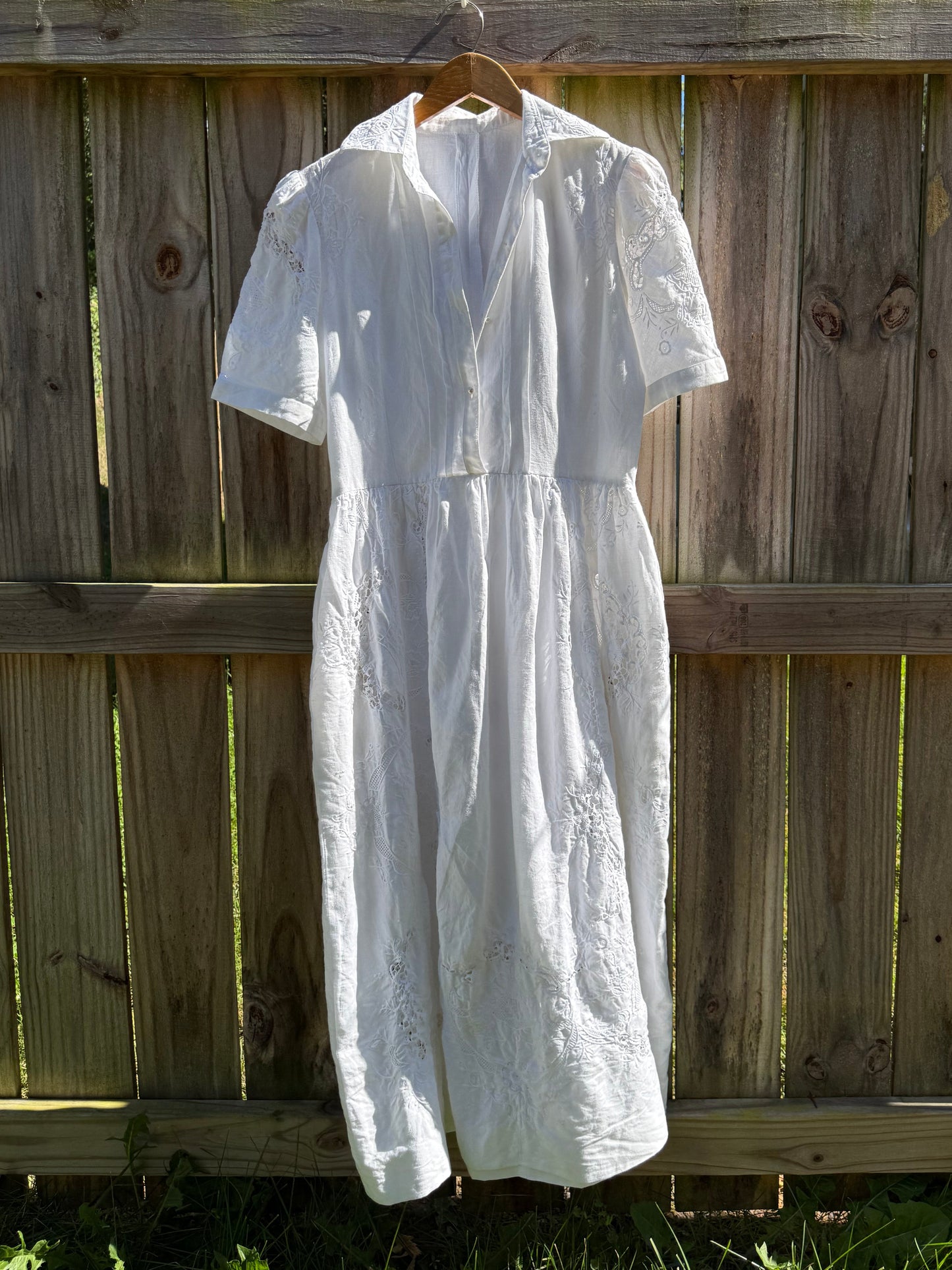 Reworked Vintage White Linen Embroidered Midi Dress