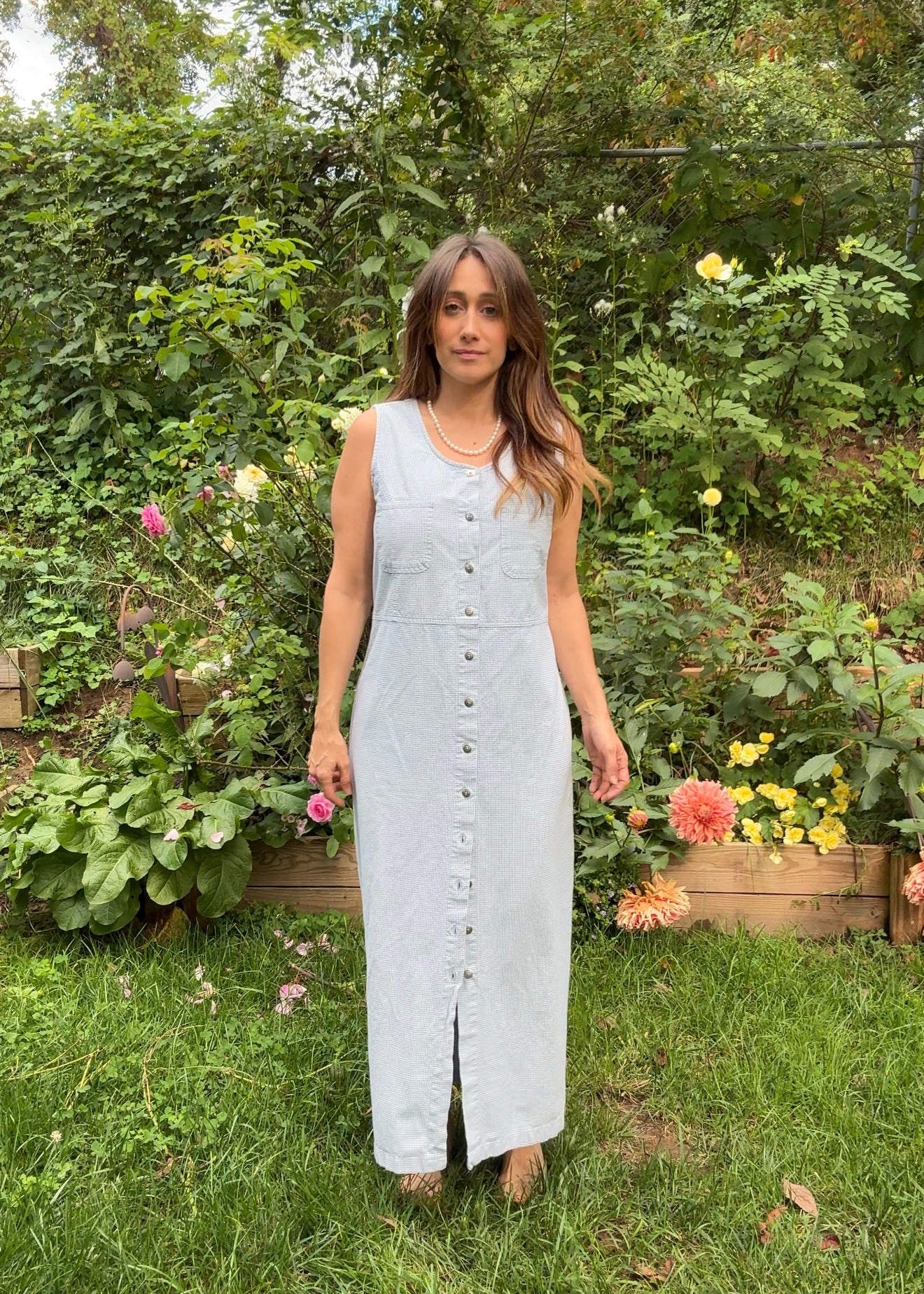 Vintage Reworked Gingham Column Dress 90s Blue