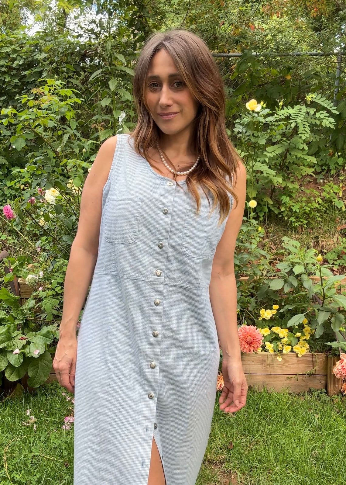 Vintage Reworked Gingham Column Dress 90s Blue