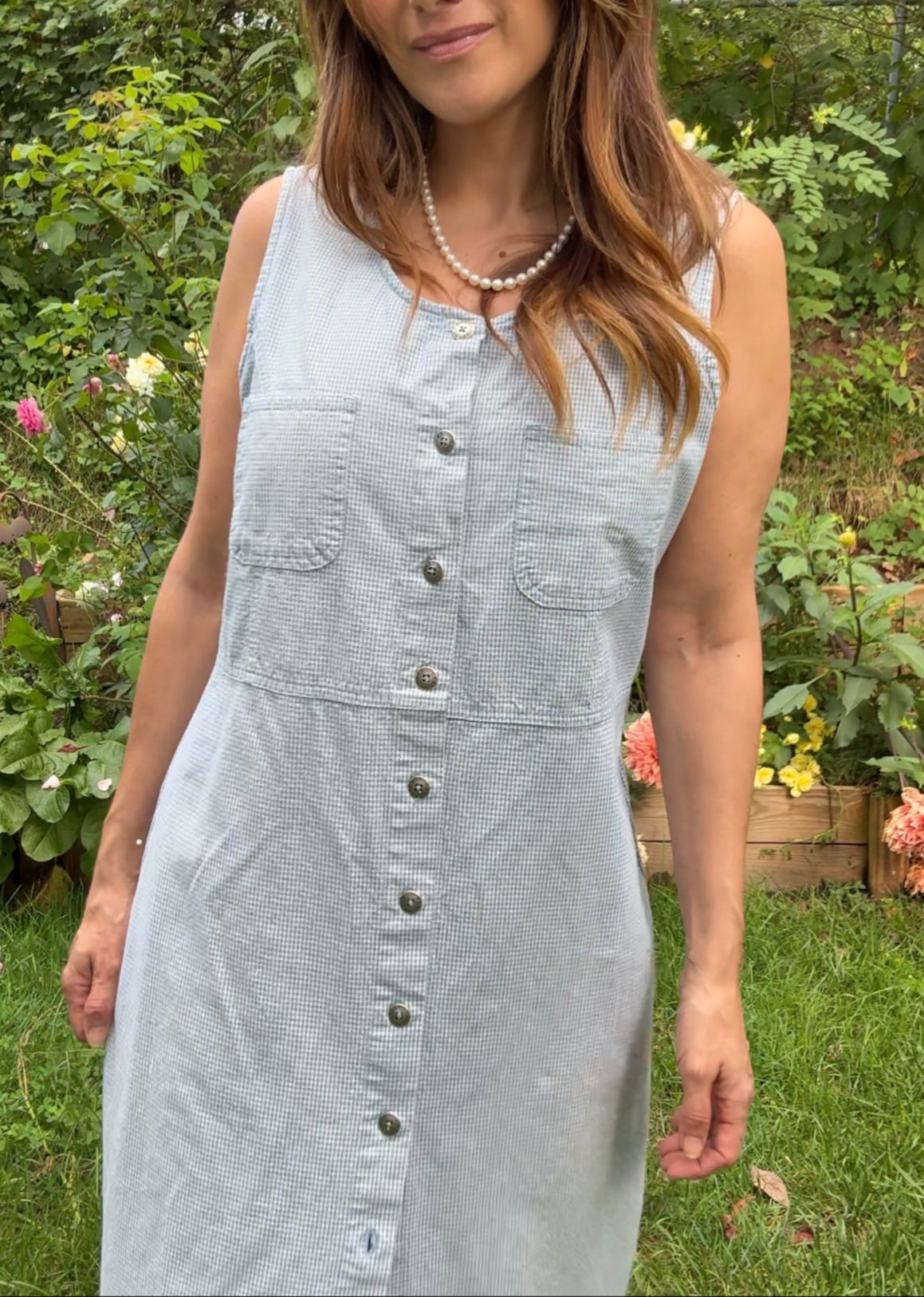 Vintage Reworked Gingham Column Dress 90s Blue