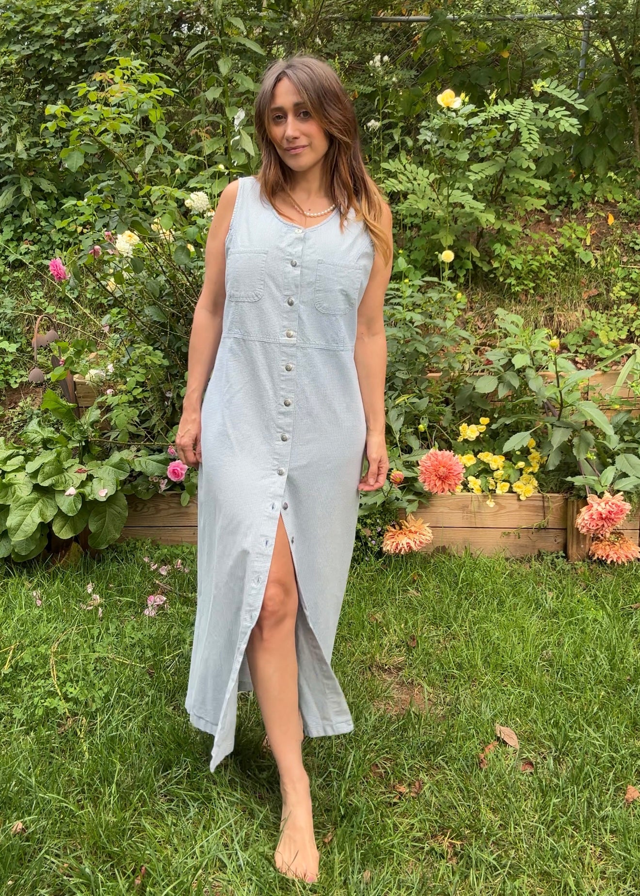 Vintage Reworked Gingham Column Dress 90s Blue