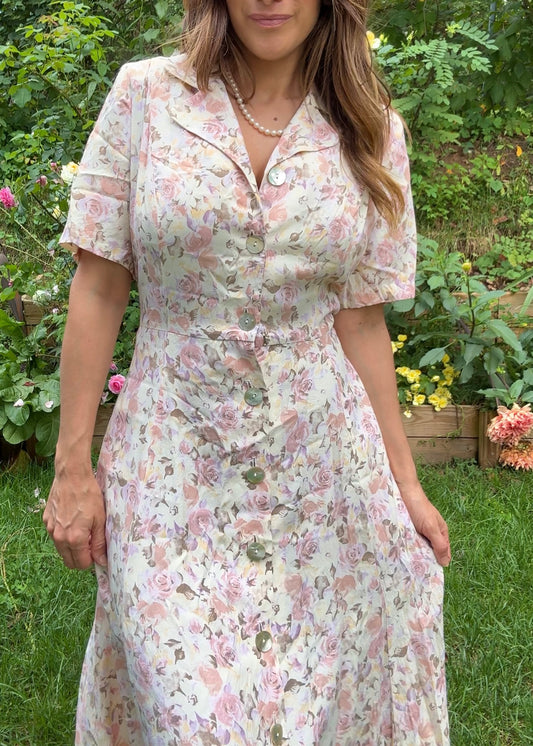 90s Pastel Floral Button-Down Dress, Cottagecore Midi