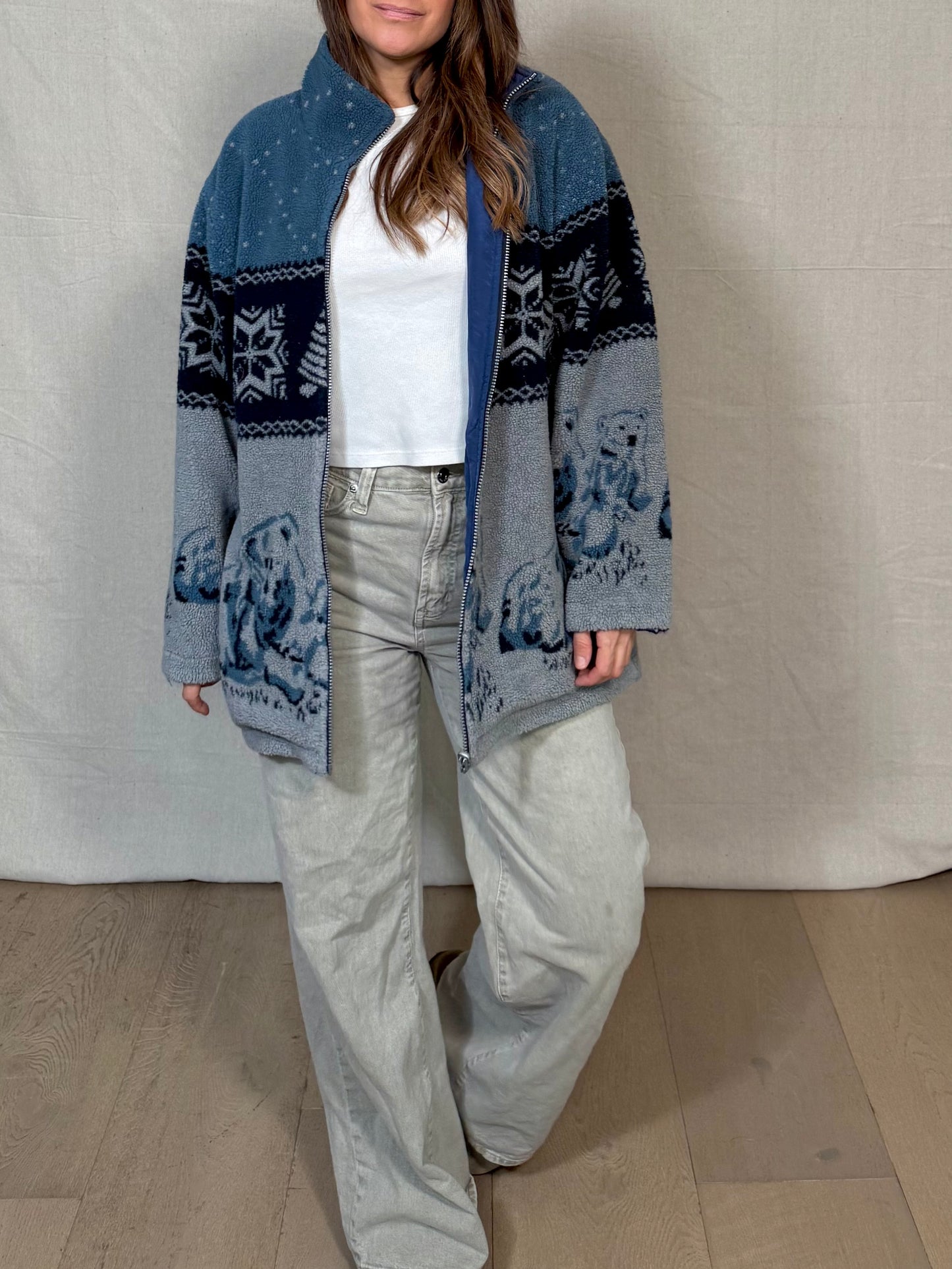 Vintage Polar Bear Fleece Jacket / Nordic Fair Isle Zip-Up