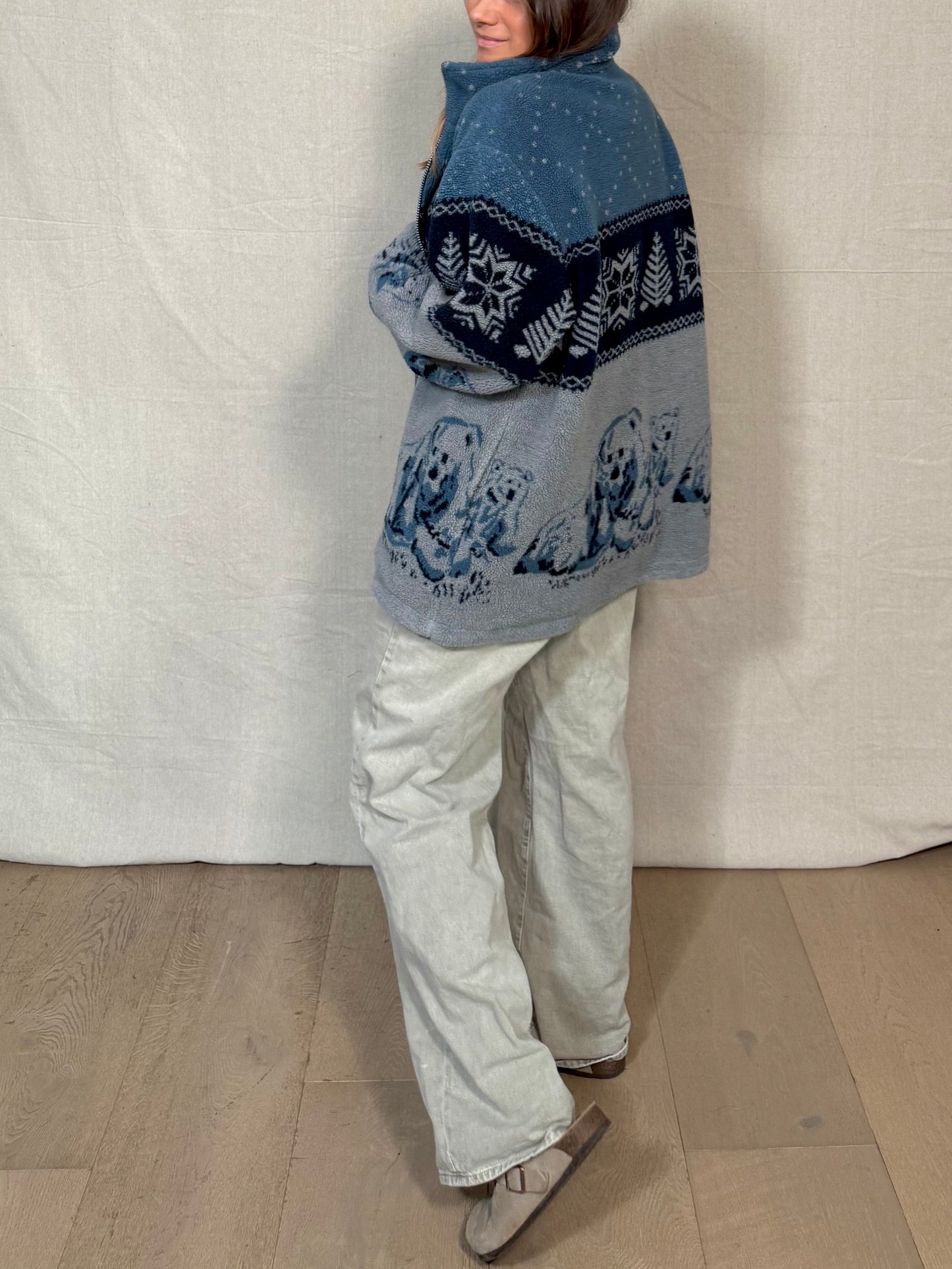 Vintage Polar Bear Fleece Jacket / Nordic Fair Isle Zip-Up