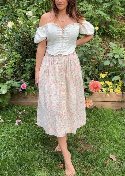 Vintage 90s Sweetbriar Floral Cotton Midi Skirt - Yellow - Doen Vibe - Cottagecore