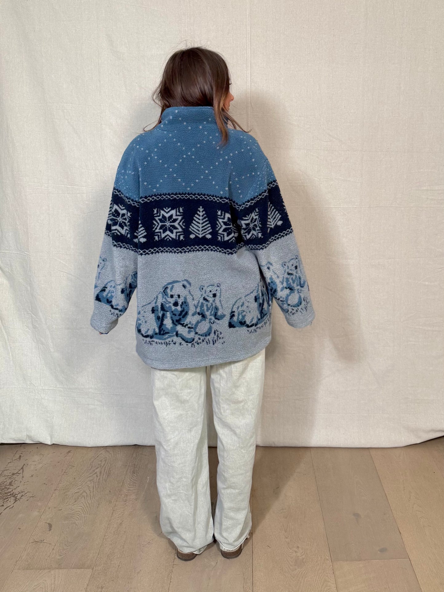 Vintage Polar Bear Fleece Jacket / Nordic Fair Isle Zip-Up