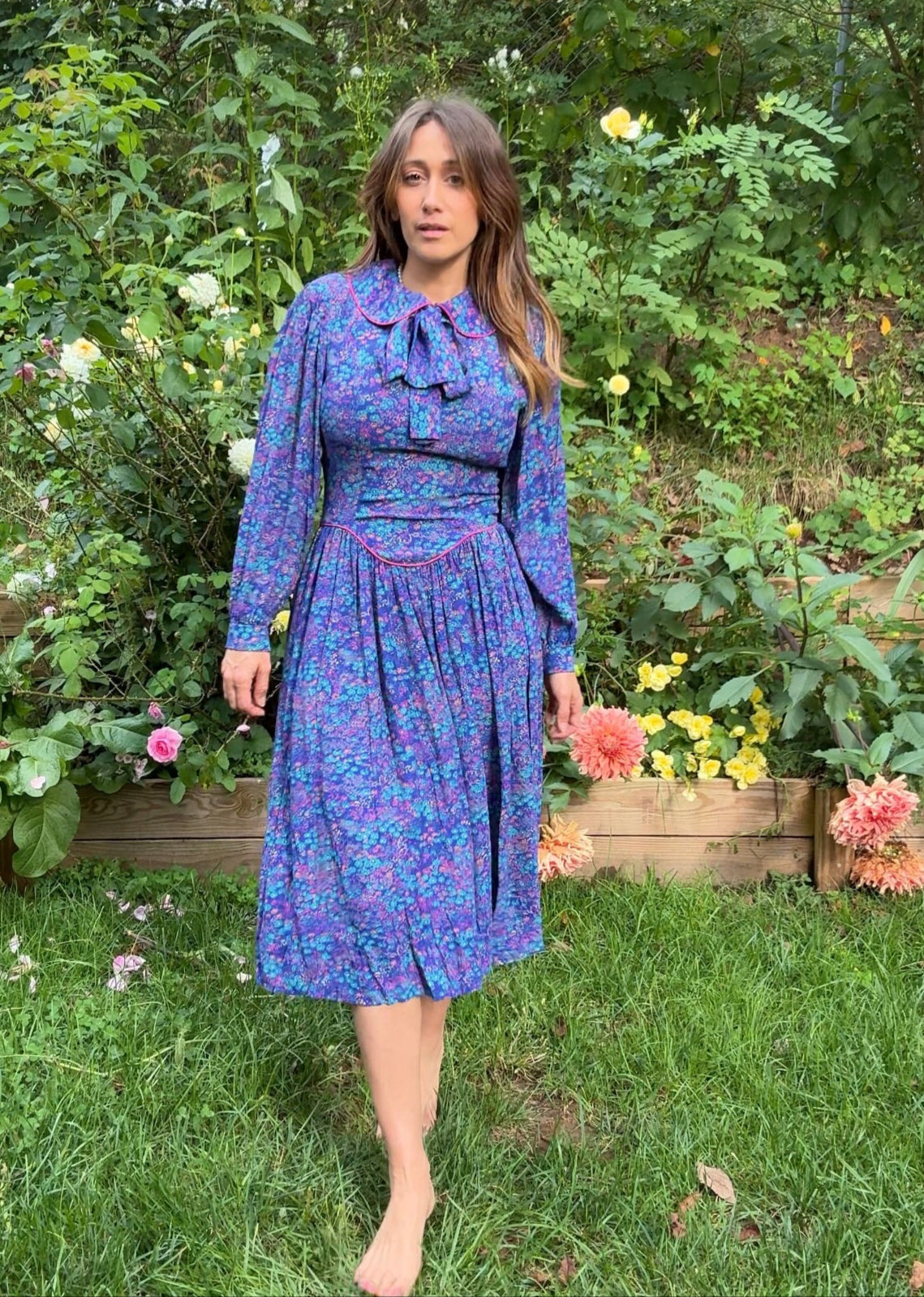 1980s Violet Prairie Dress, Peter Pan Collar, Floral Print