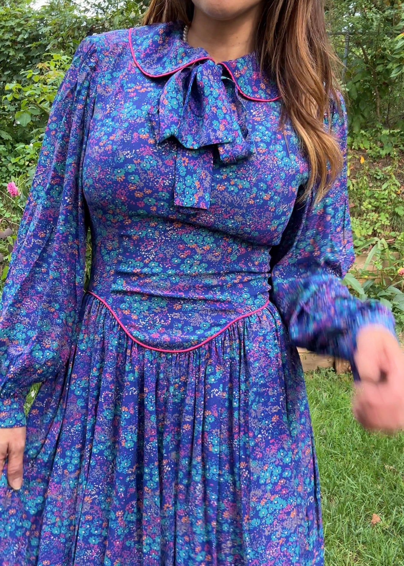 1980s Violet Prairie Dress, Peter Pan Collar, Floral Print