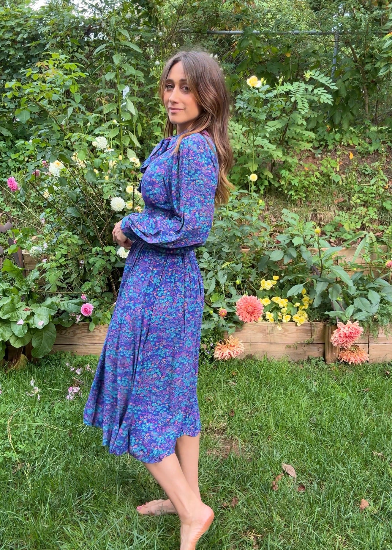 1980s Violet Prairie Dress, Peter Pan Collar, Floral Print