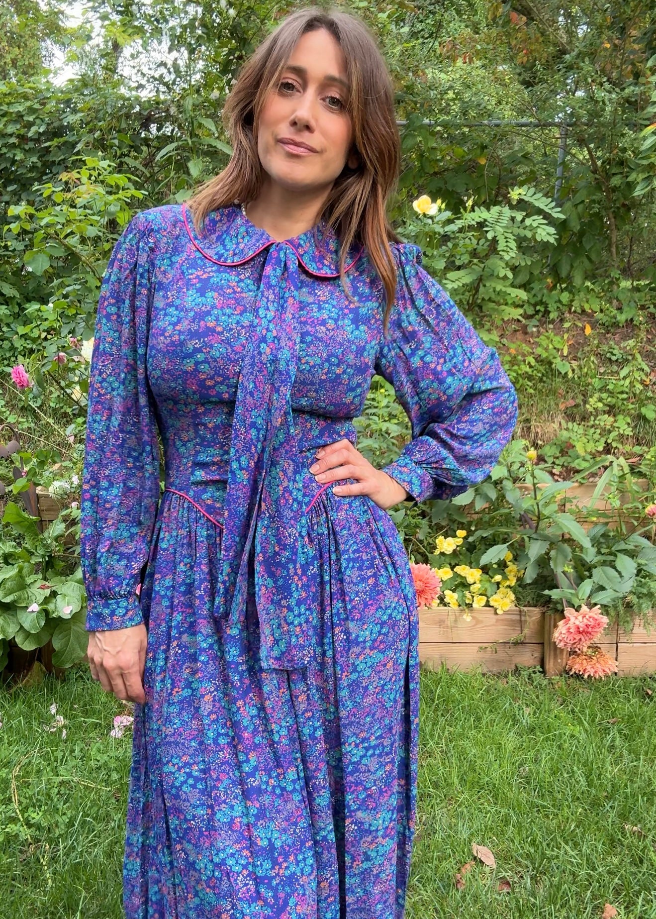 1980s Violet Prairie Dress, Peter Pan Collar, Floral Print