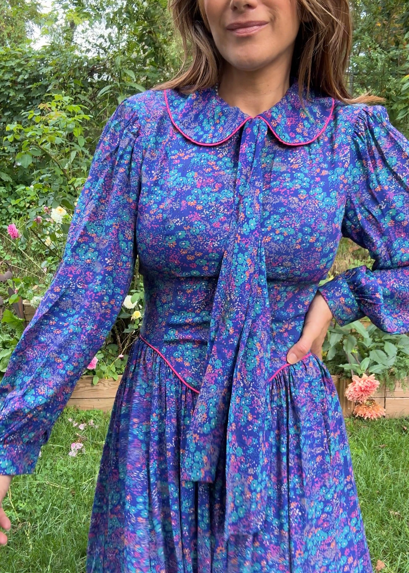 1980s Violet Prairie Dress, Peter Pan Collar, Floral Print