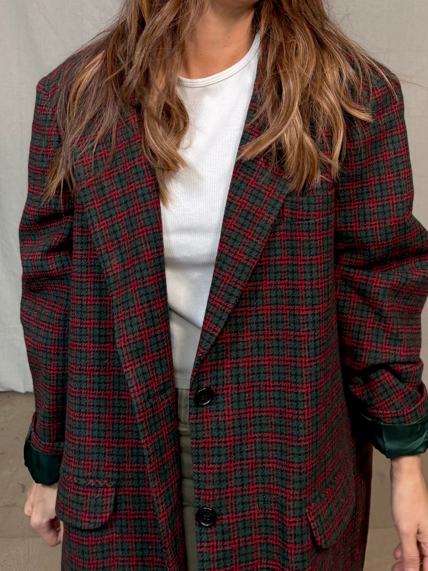 Vintage Eddie Bauer Wool Plaid Coat / Forest &; Red Heritage Overcoat
