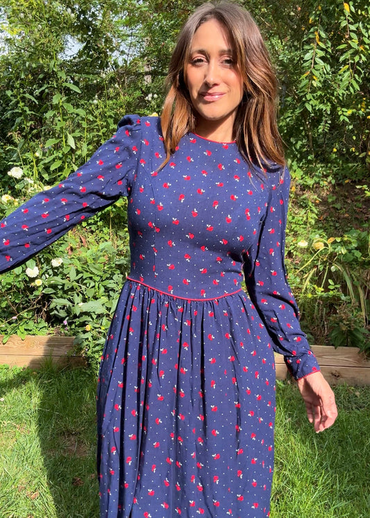 80s Lanz Originals Navy Rose Midi Dress - Simone Rocha - Vintage - Cottagecore