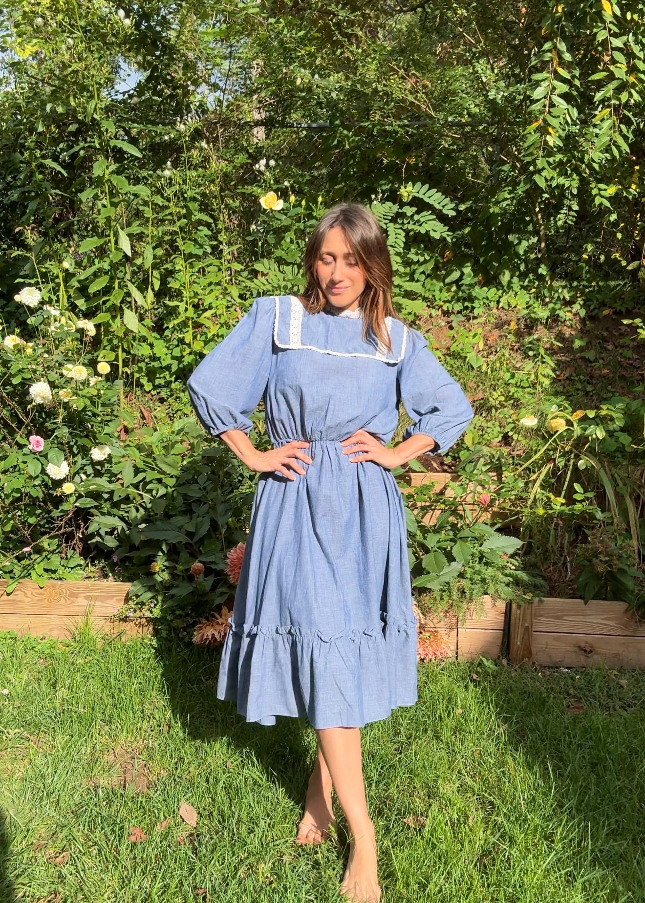 70s Chambray Prairie Dress, Lace Collar Midi - Vintage