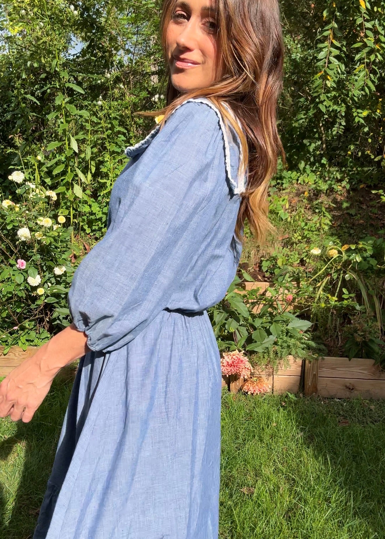 70s Chambray Prairie Dress, Lace Collar Midi - Vintage