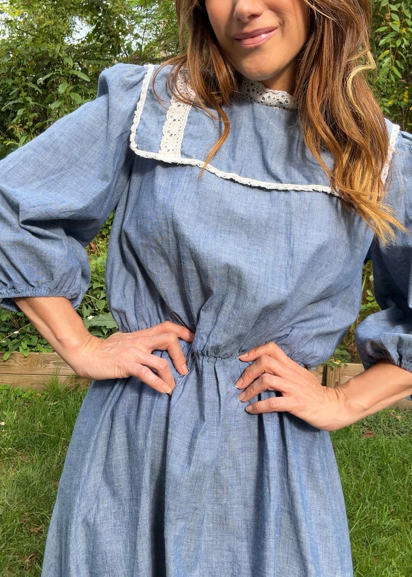 70s Chambray Prairie Dress, Lace Collar Midi - Vintage