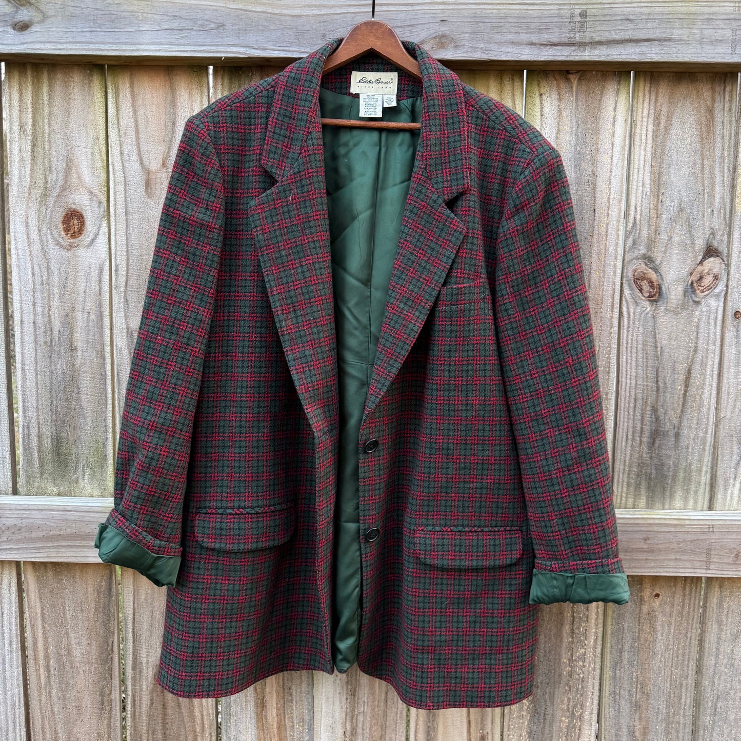 Vintage Eddie Bauer Wool Plaid Coat / Forest &; Red Heritage Overcoat